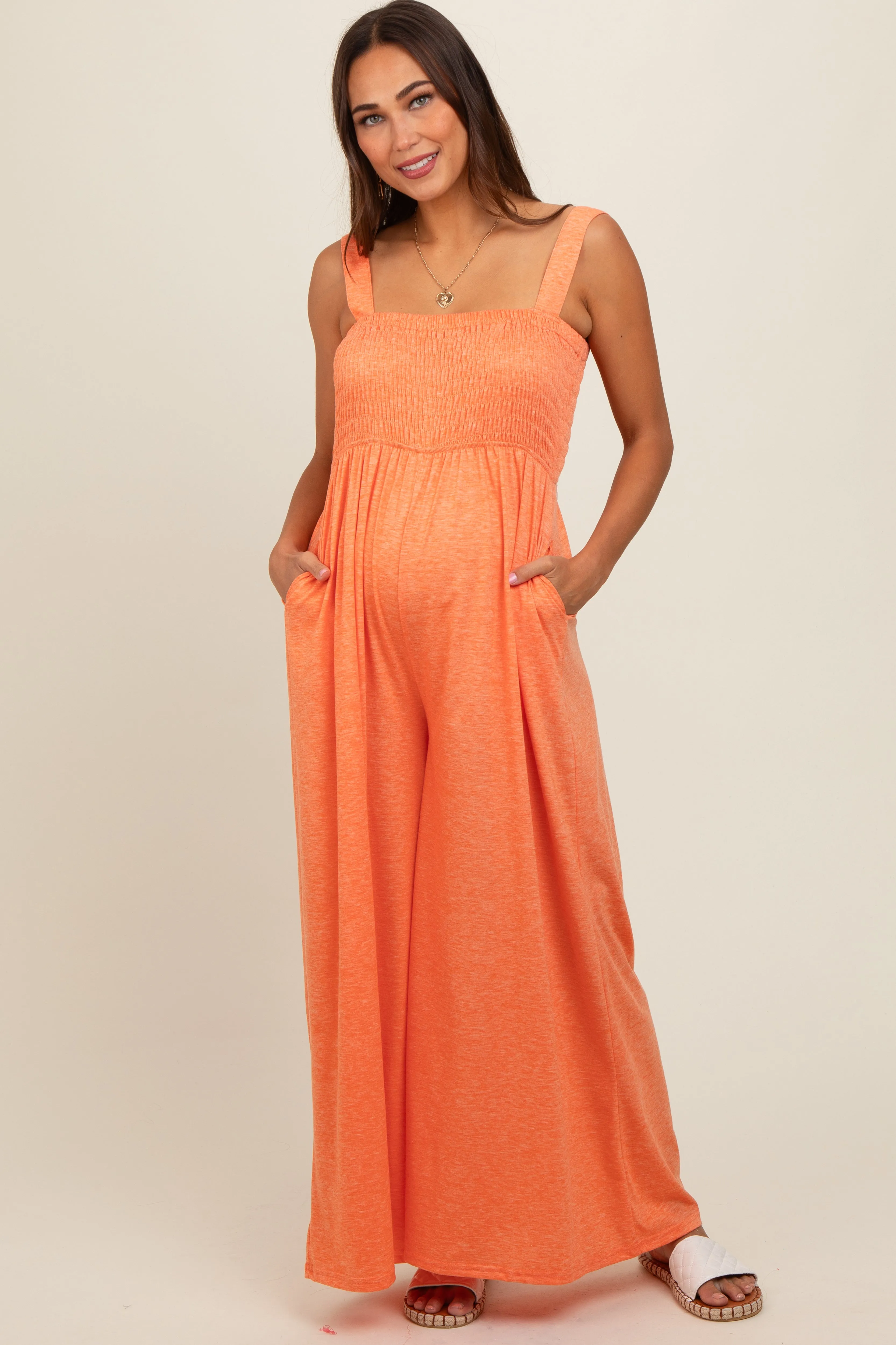 Orange Smocked Wide Leg Maternity Jumpsuit sold by Pinkblush