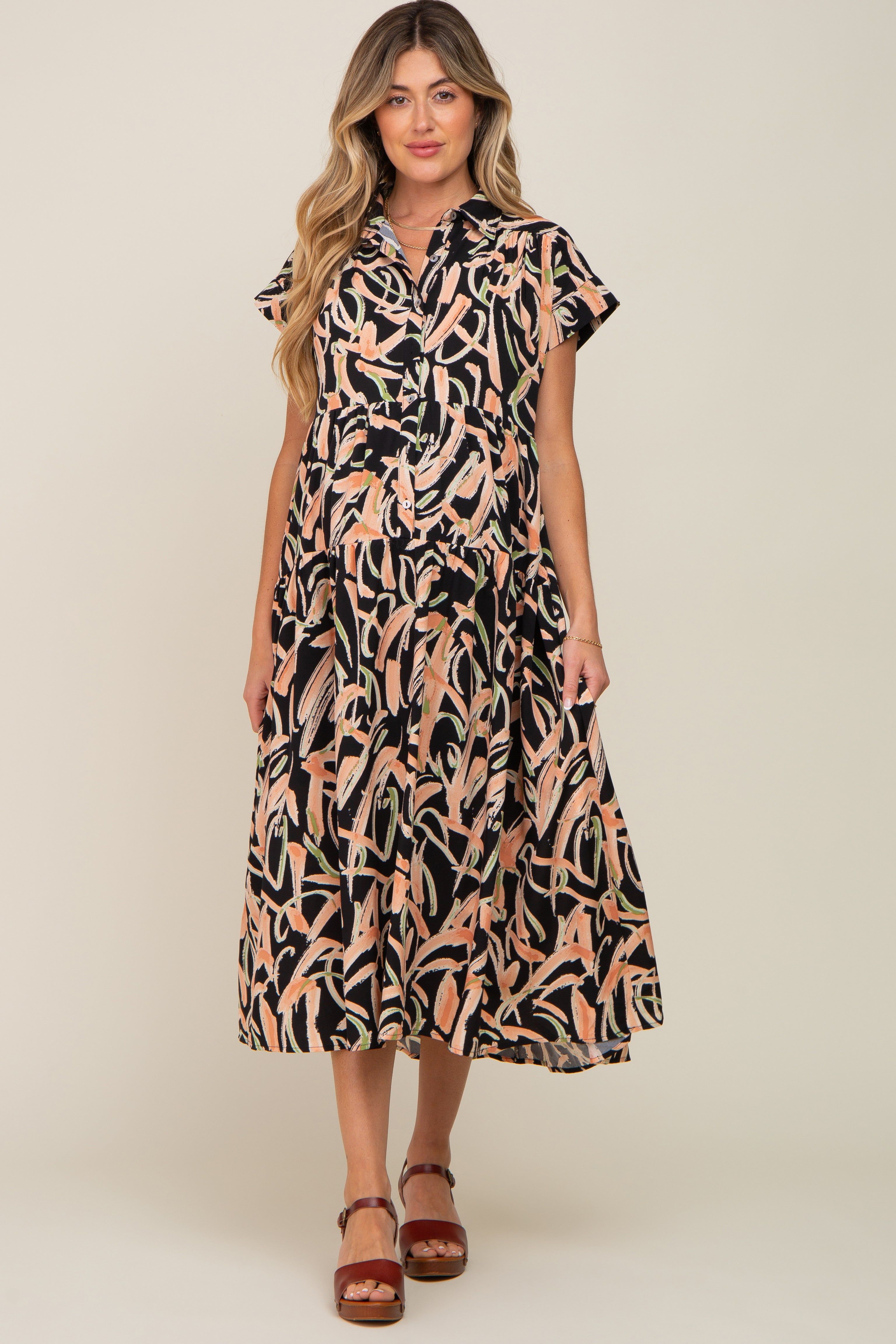 Black Printed Button Down Collared Tiered Maternity Midi Dress sold by Pinkblush product image thumbnail 4