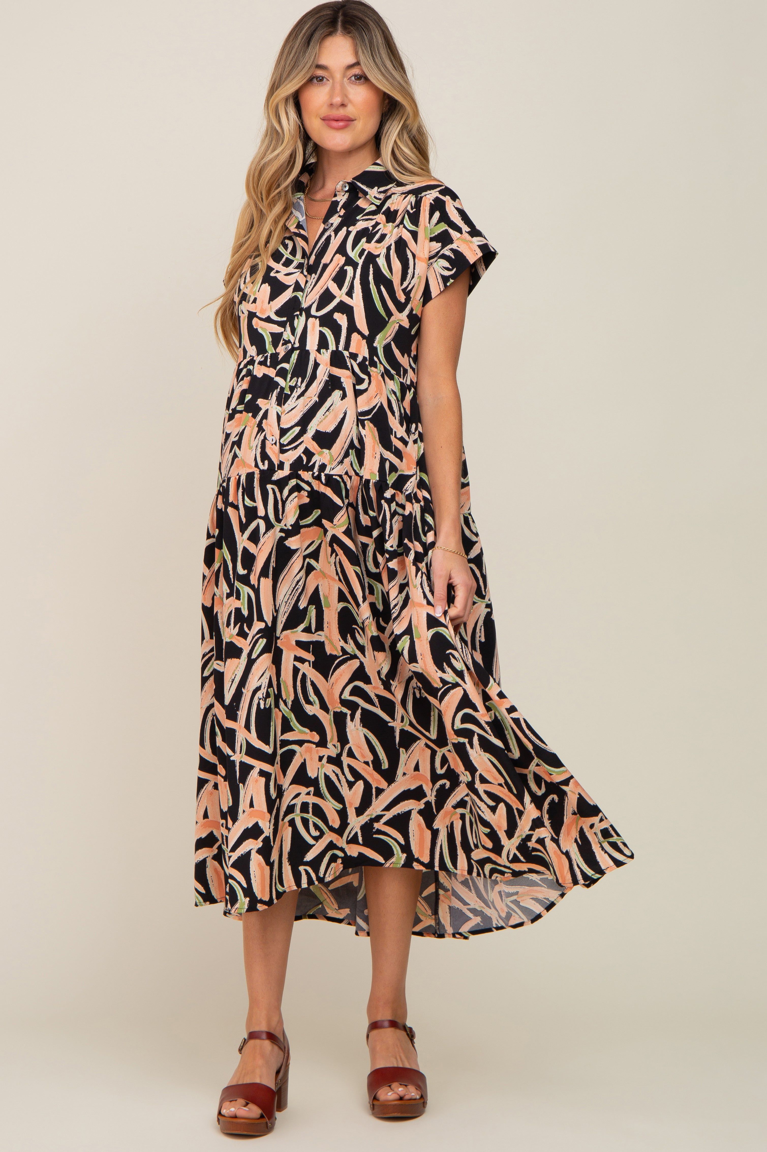 Black Printed Button Down Collared Tiered Maternity Midi Dress sold by Pinkblush