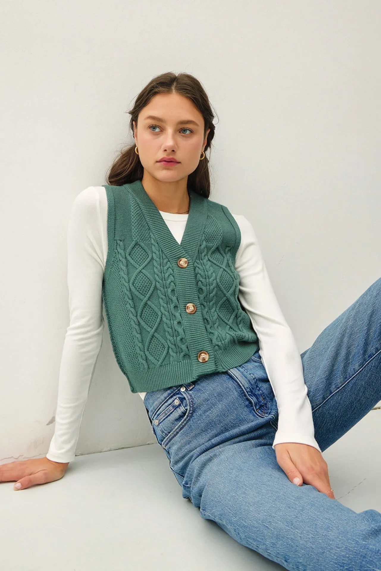 Pine Green Cable Knit Sweater Button Down Vest sold by Pinkblush