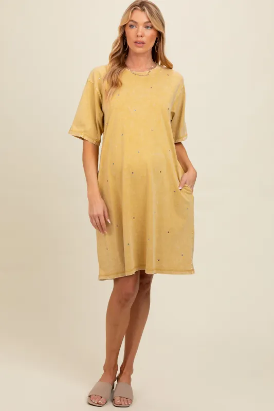 Yellow Rhinestone Mineral Washed Maternity T-Shirt Dress sold by Pinkblush