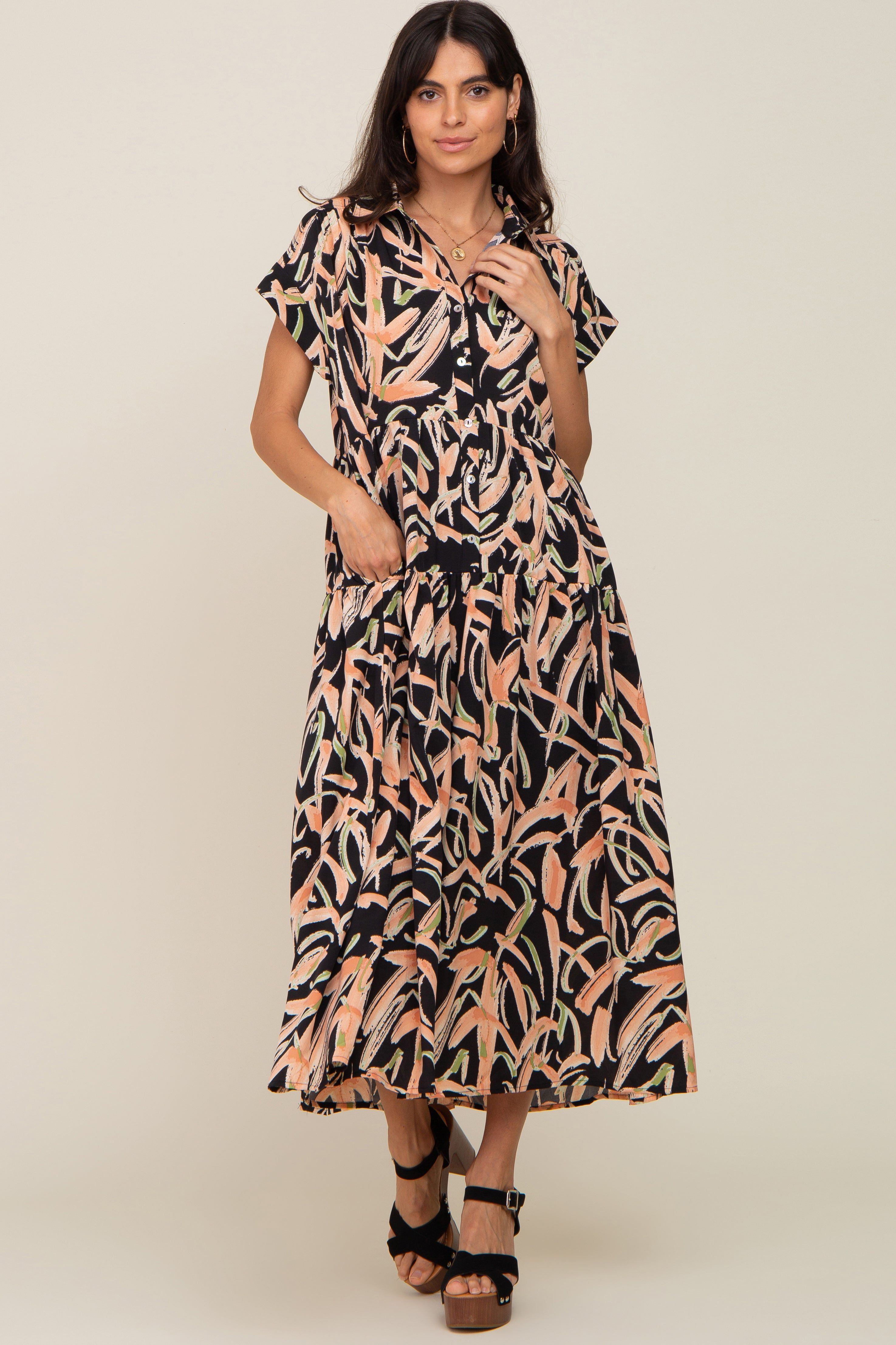 Black Printed Button Down Collared Tiered Maternity Midi Dress sold by Pinkblush product image thumbnail 5
