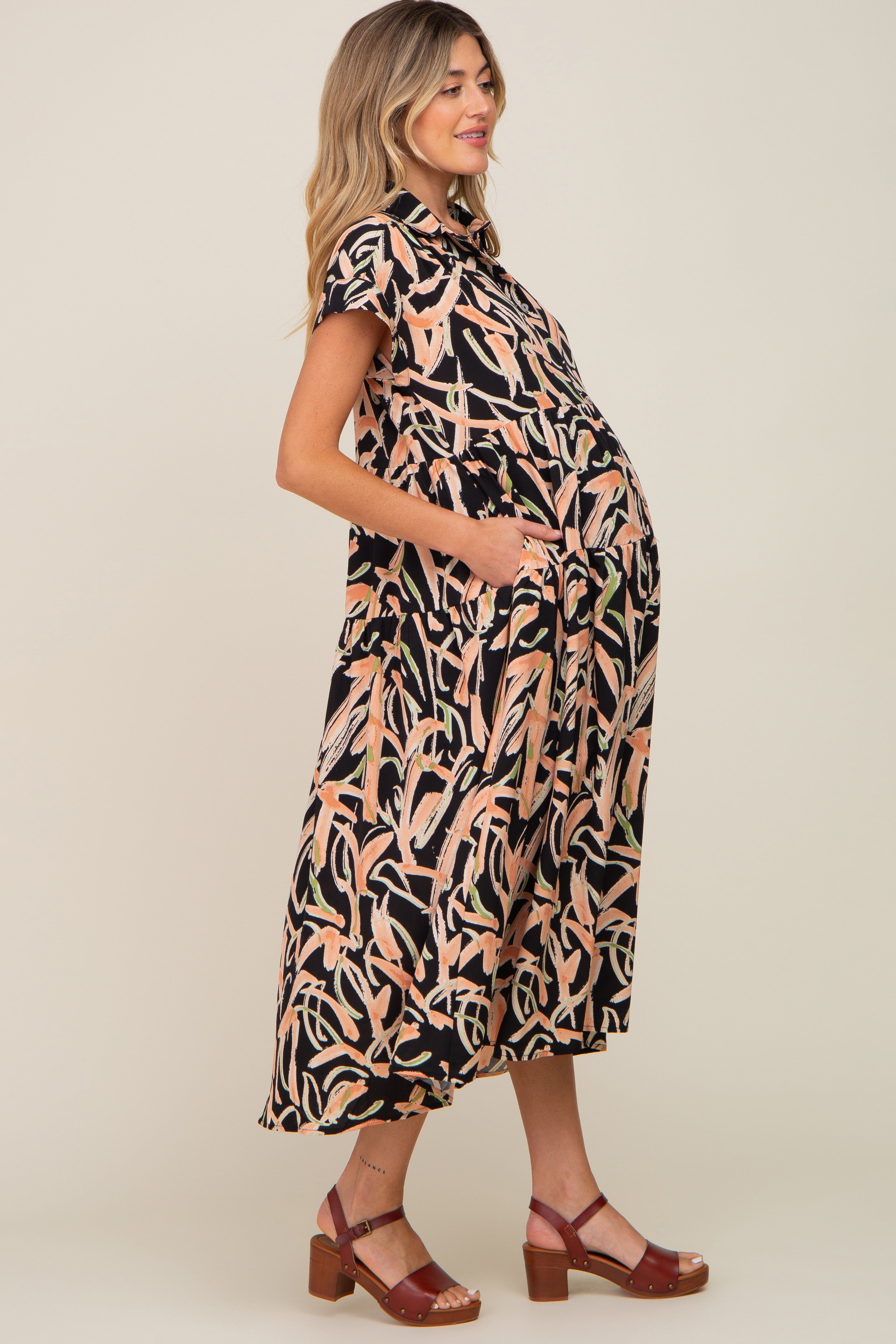 Black Printed Button Down Collared Tiered Maternity Midi Dress sold by Pinkblush product image thumbnail 2