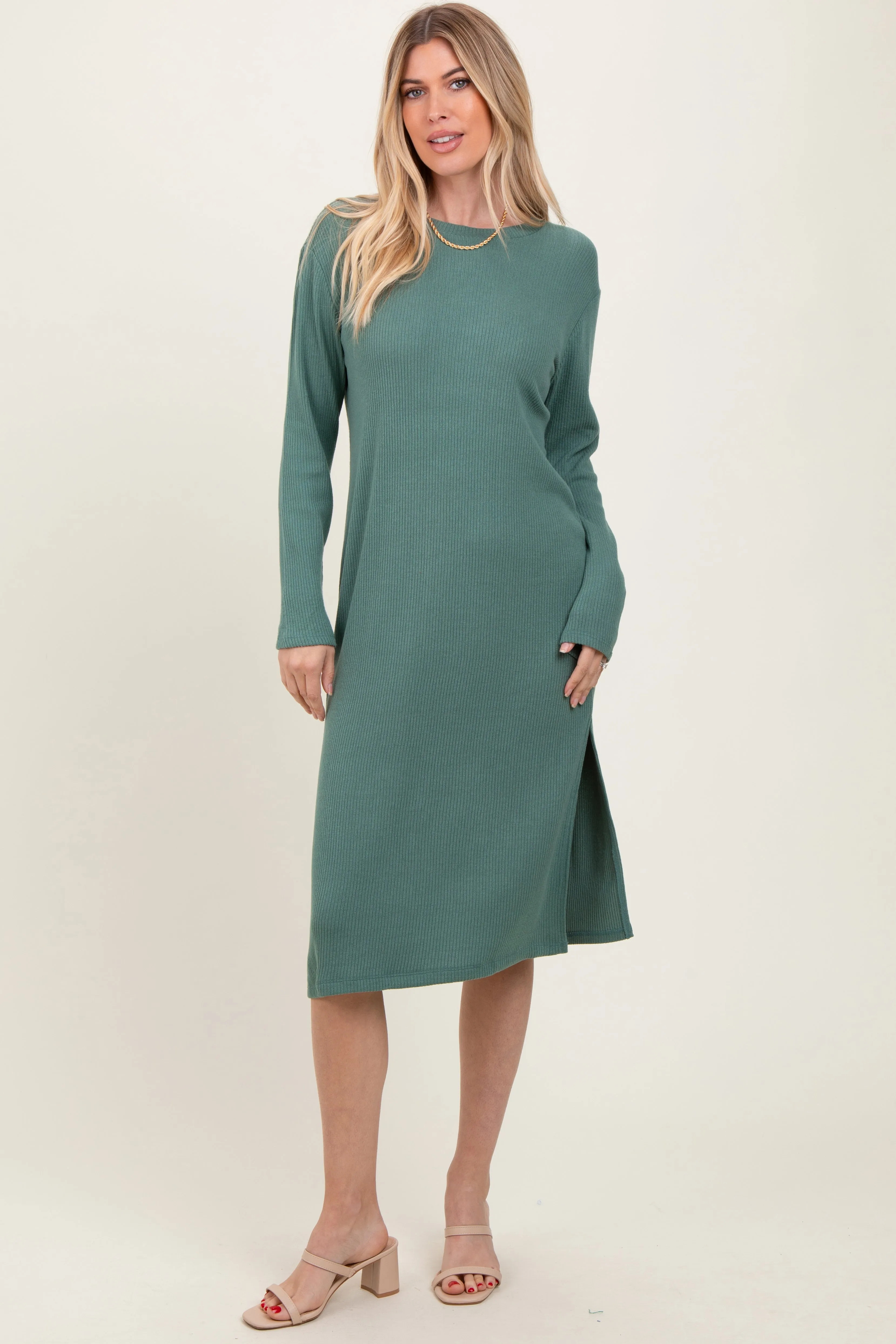 Olive Ribbed Knit Long Sleeve Side Slit Midi Dress sold by Pinkblush