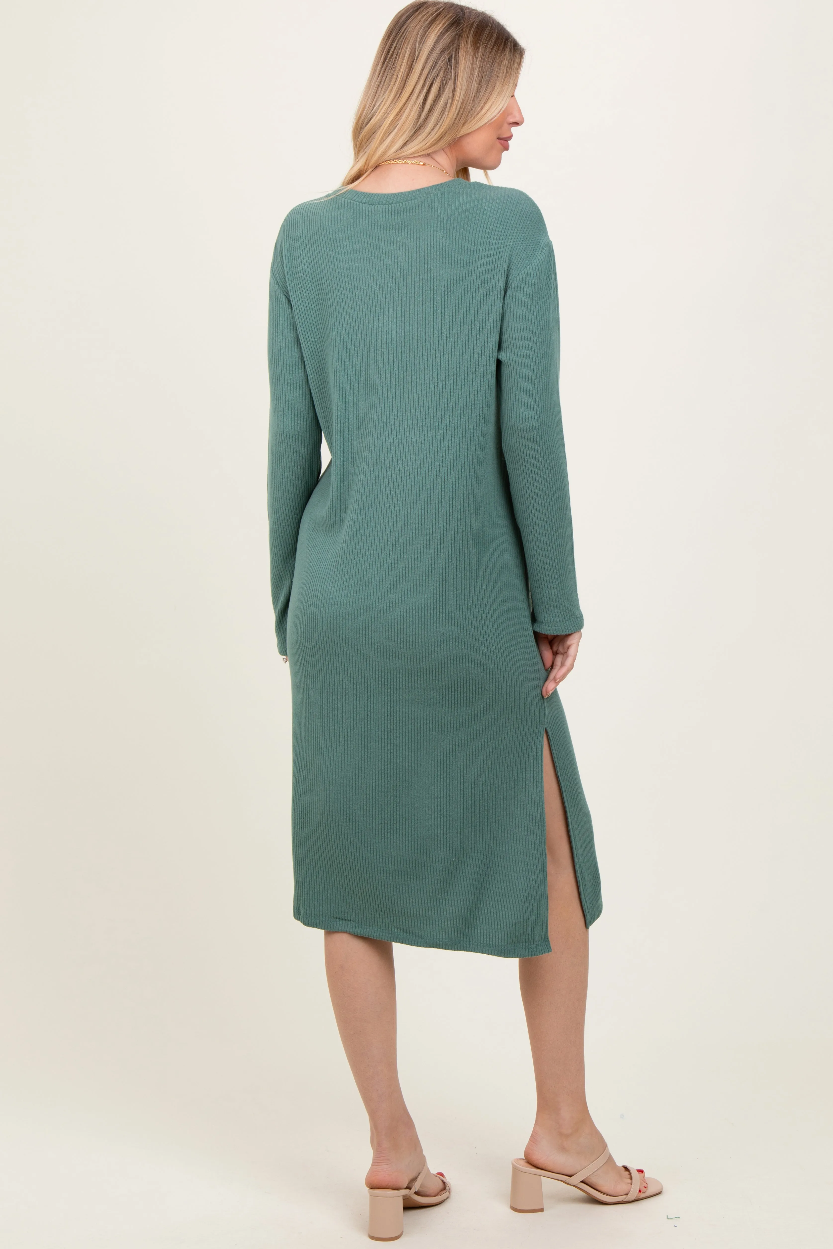 Olive Ribbed Knit Long Sleeve Side Slit Midi Dress sold by Pinkblush product image thumbnail 2