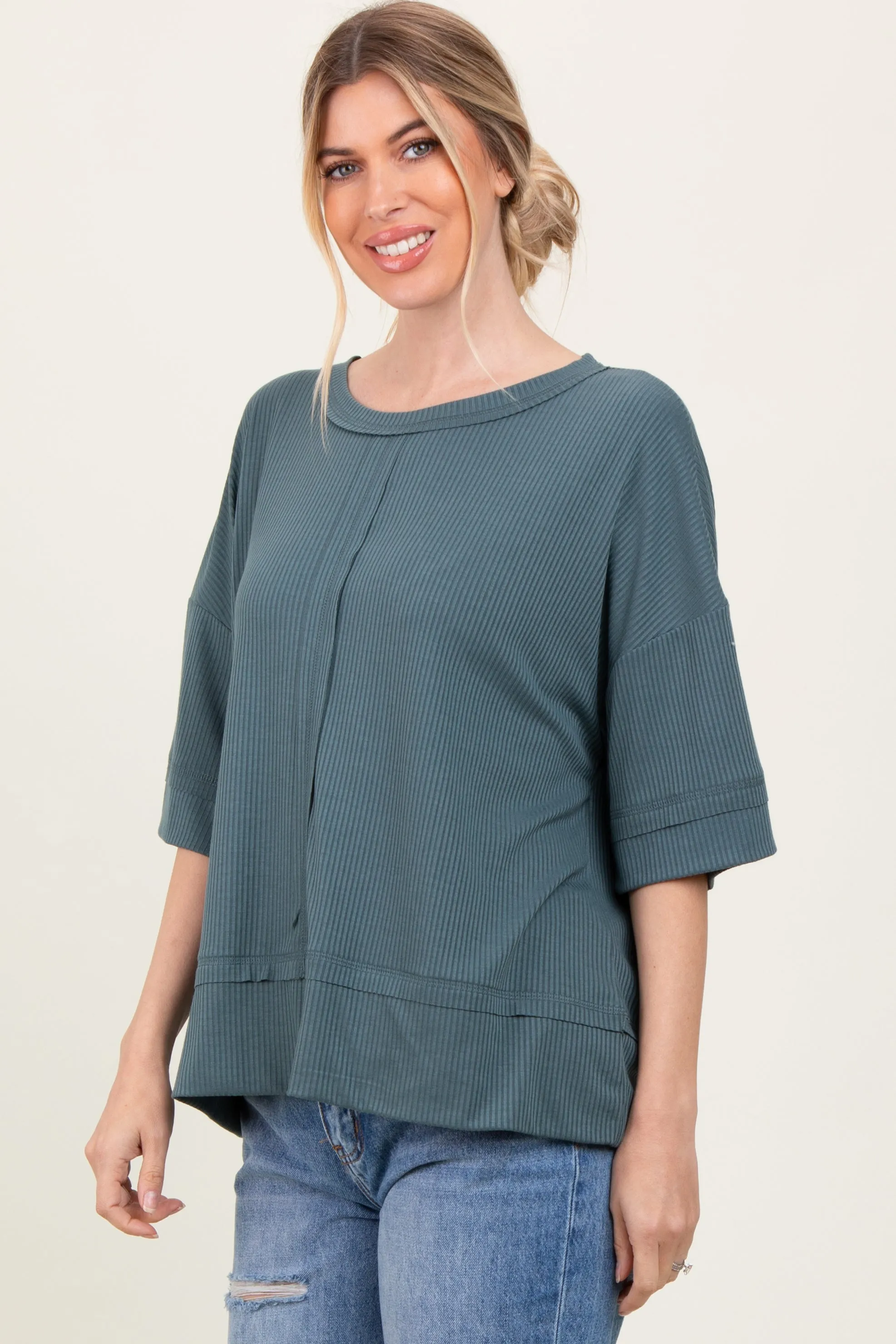 Teal Ribbed Boxy Fit Short Sleeve Top sold by Pinkblush product image thumbnail 2