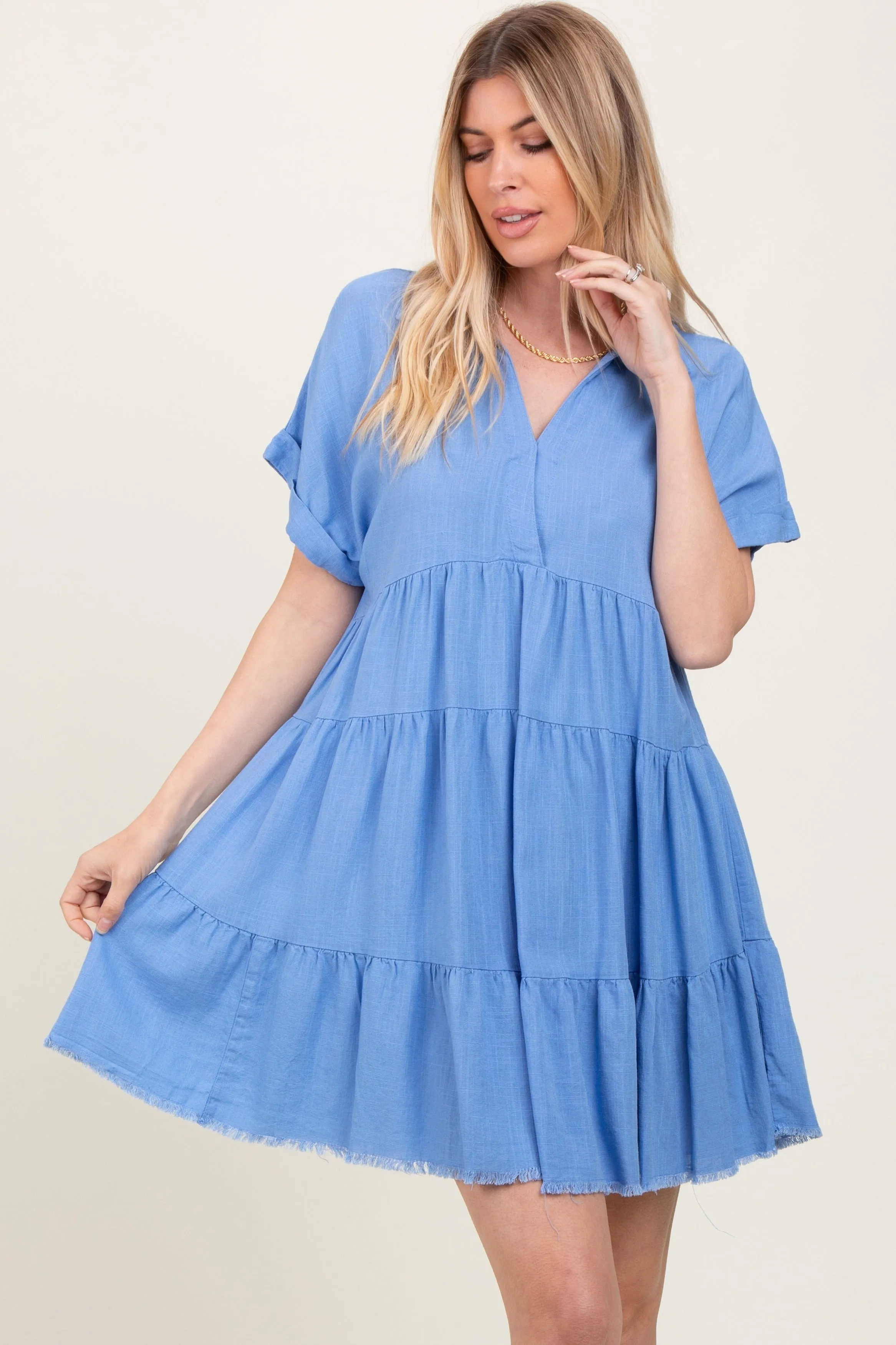 Blue Tiered Linen Dress sold by Pinkblush