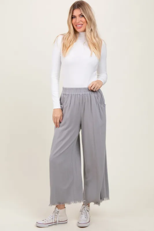 Grey Linen Frayed Hem Crop Pants sold by Pinkblush