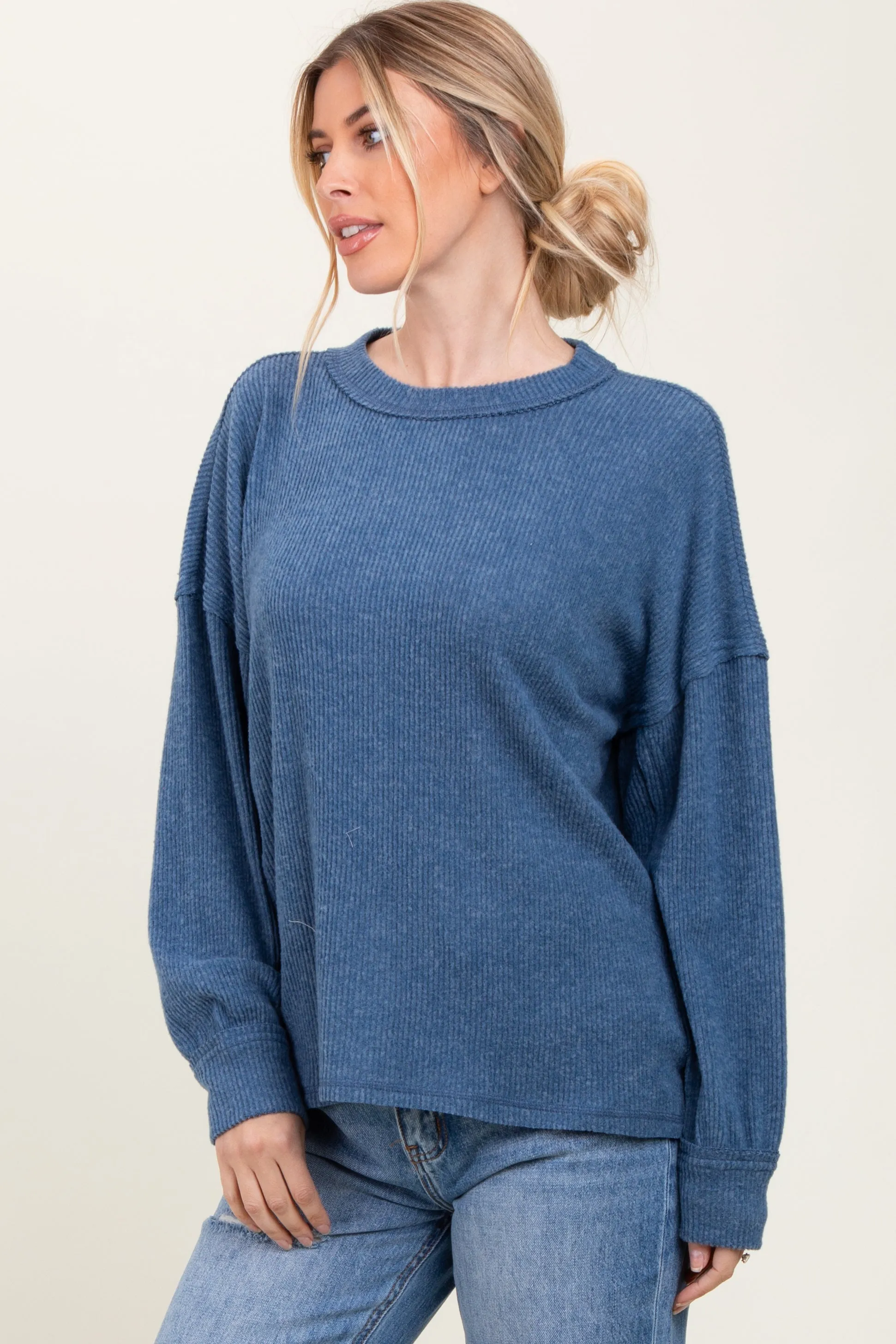 Blue Brushed Ribbed Knit Pullover sold by Pinkblush