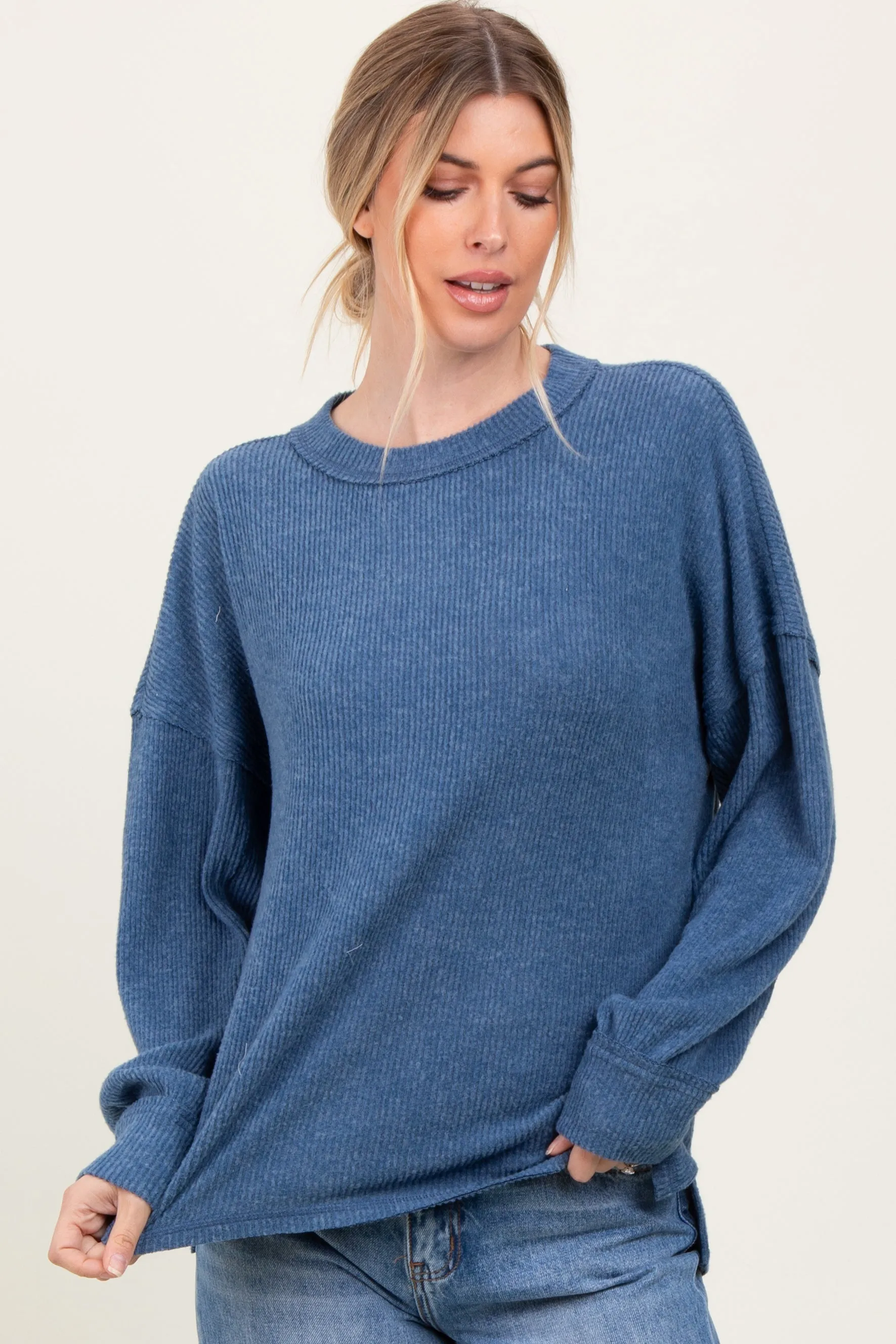 Blue Brushed Ribbed Knit Pullover sold by Pinkblush product image thumbnail 2
