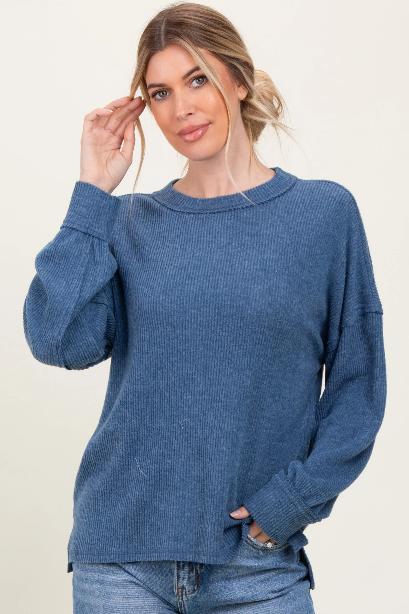 Blue Brushed Ribbed Knit Pullover sold by Pinkblush product image thumbnail 3