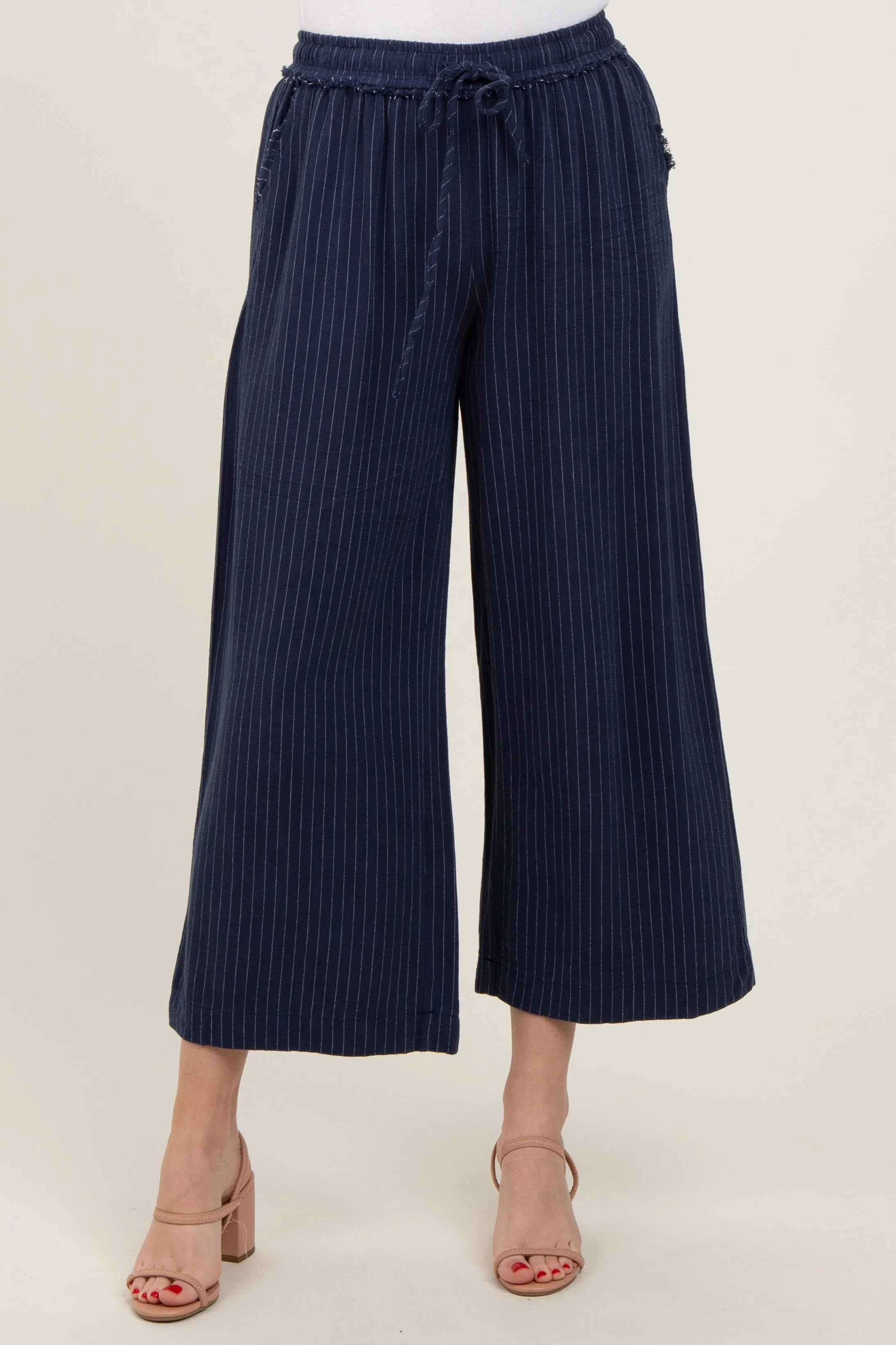 Navy Striped Drawstring Linen Blend Wide Leg Pants sold by Pinkblush product image thumbnail 3