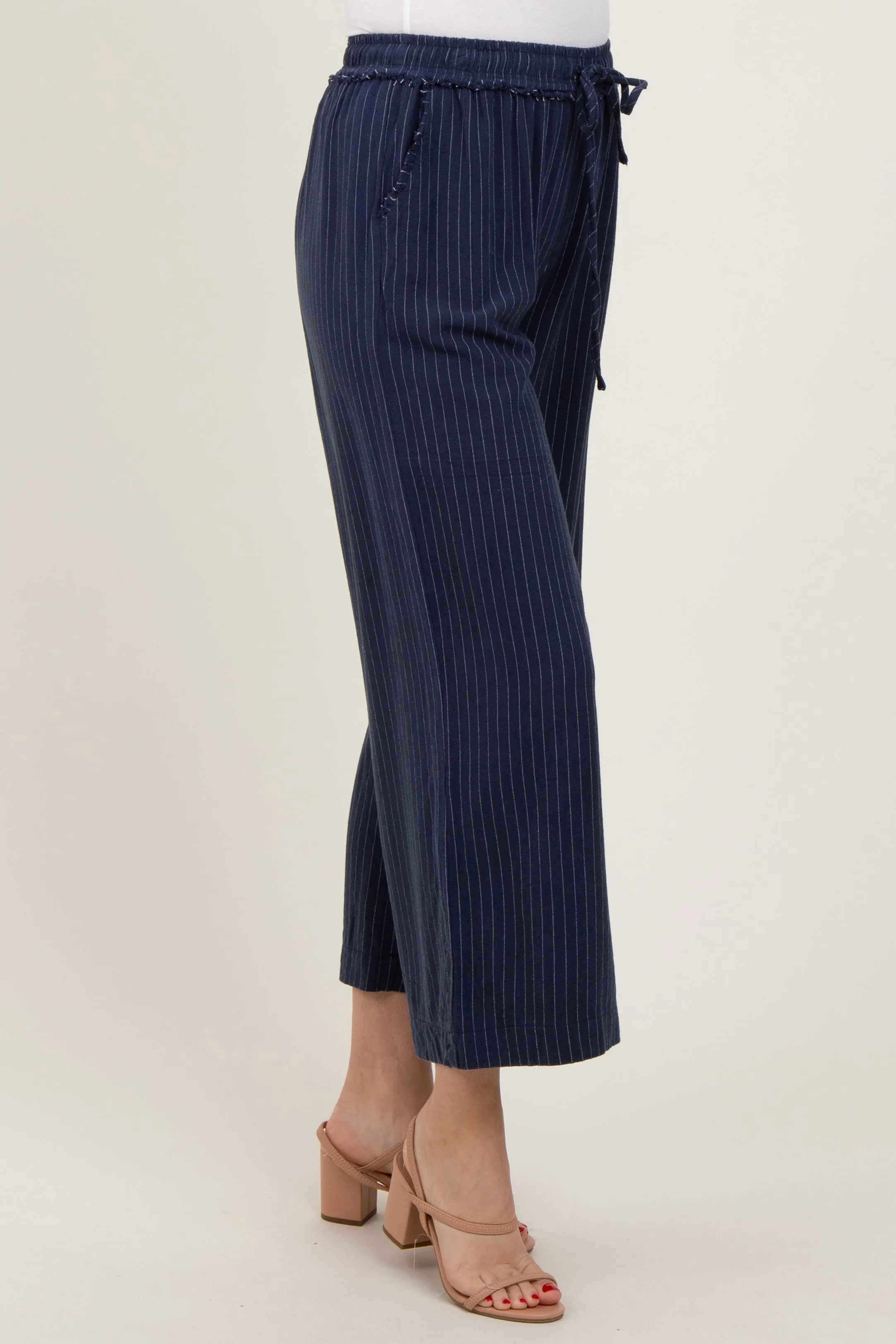 Navy Striped Drawstring Linen Blend Wide Leg Pants sold by Pinkblush product image thumbnail 4