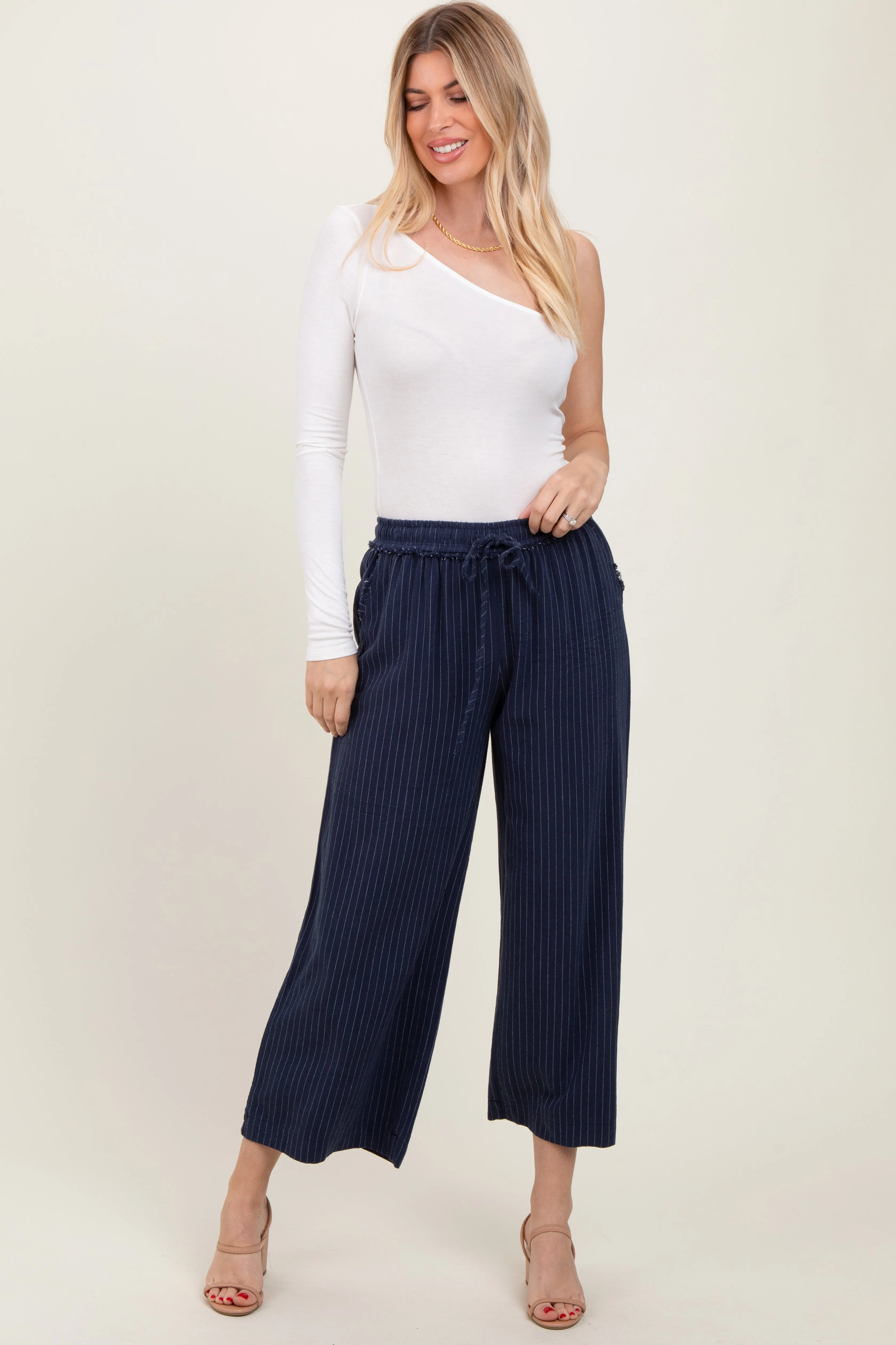 Navy Striped Drawstring Linen Blend Wide Leg Pants sold by Pinkblush
