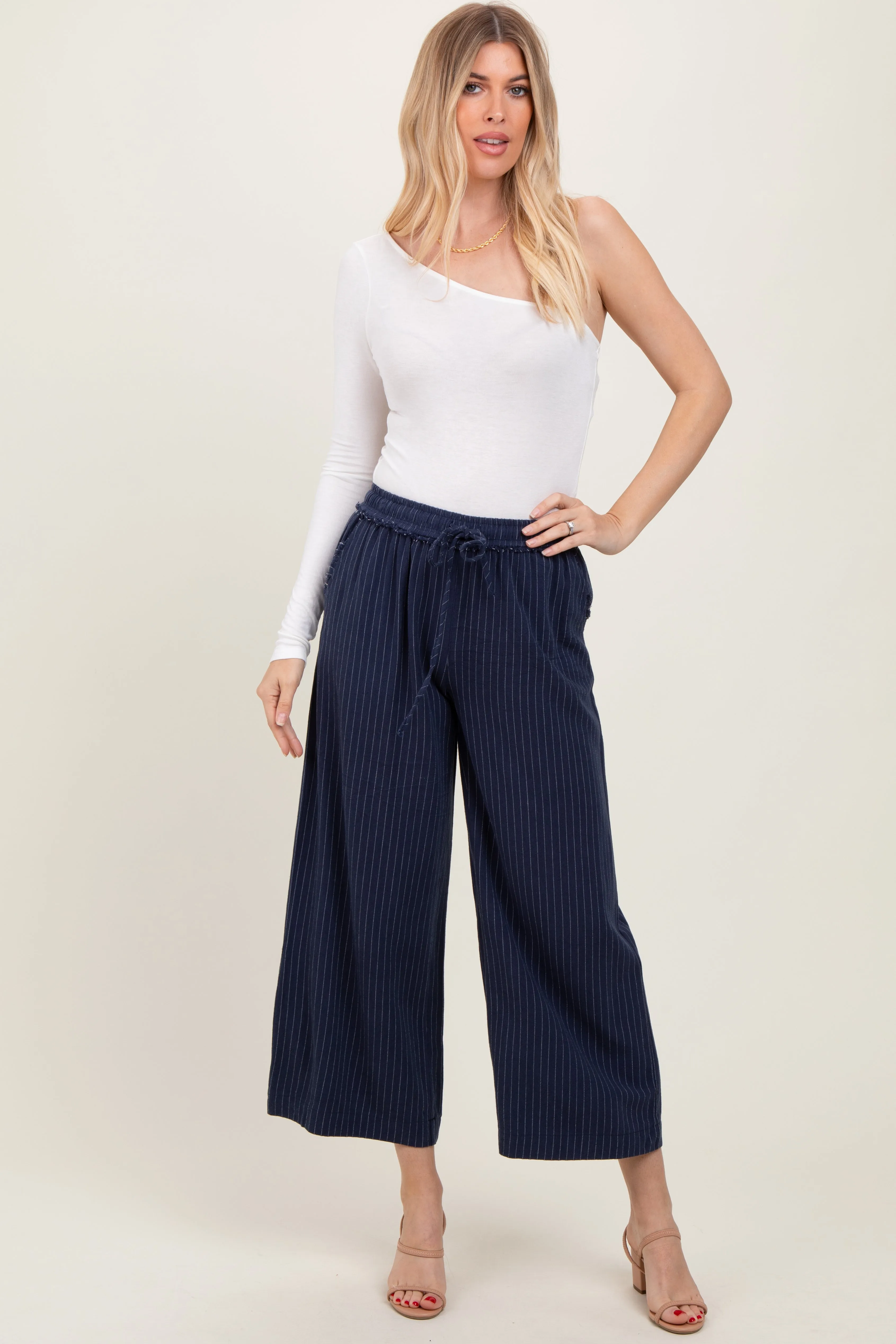 Navy Striped Drawstring Linen Blend Wide Leg Pants sold by Pinkblush product image thumbnail 2