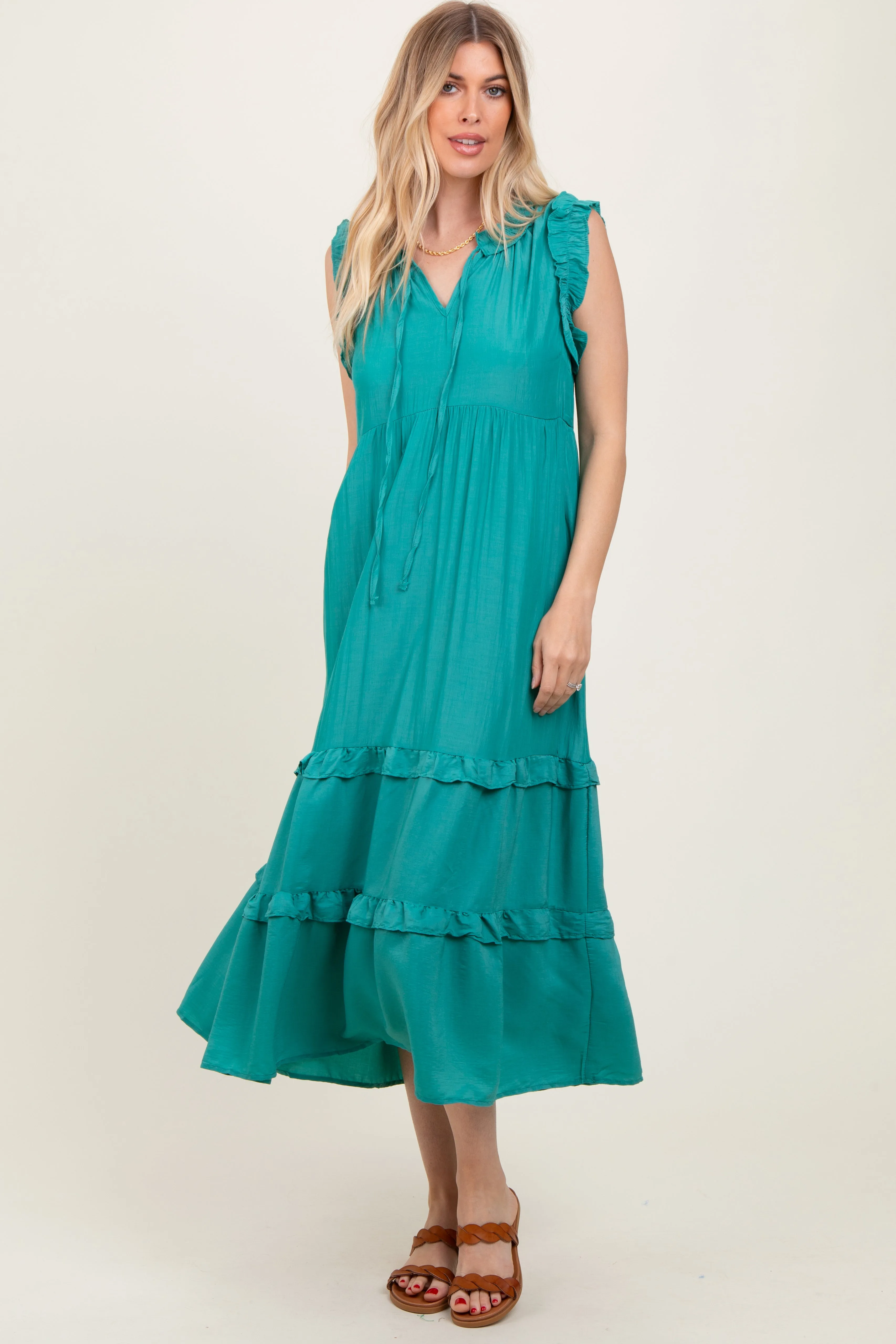 Green Ruffle Accent Tiered Front Tie Midi Dress sold by Pinkblush product image thumbnail 2
