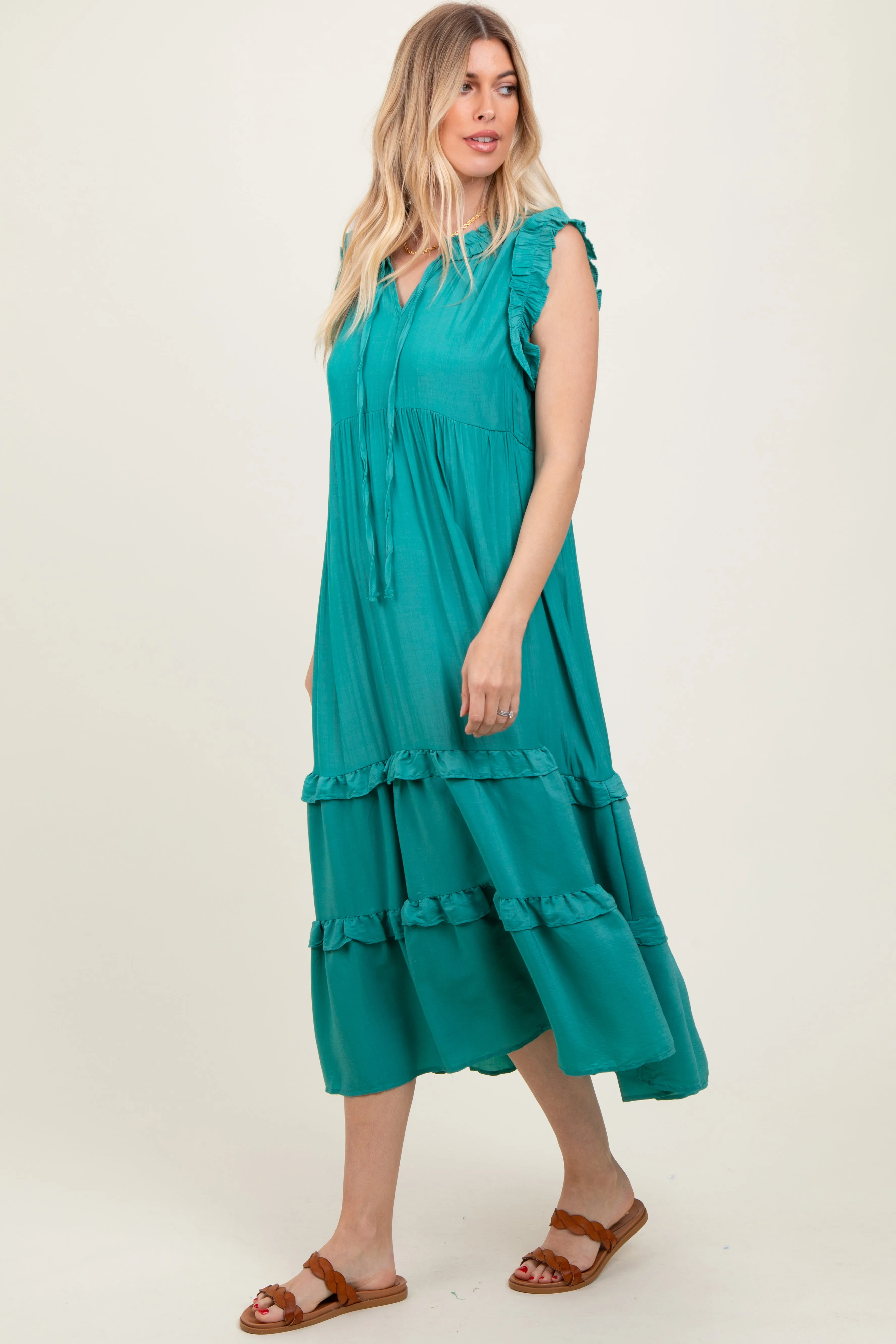 Green Ruffle Accent Tiered Front Tie Midi Dress sold by Pinkblush product image thumbnail 3