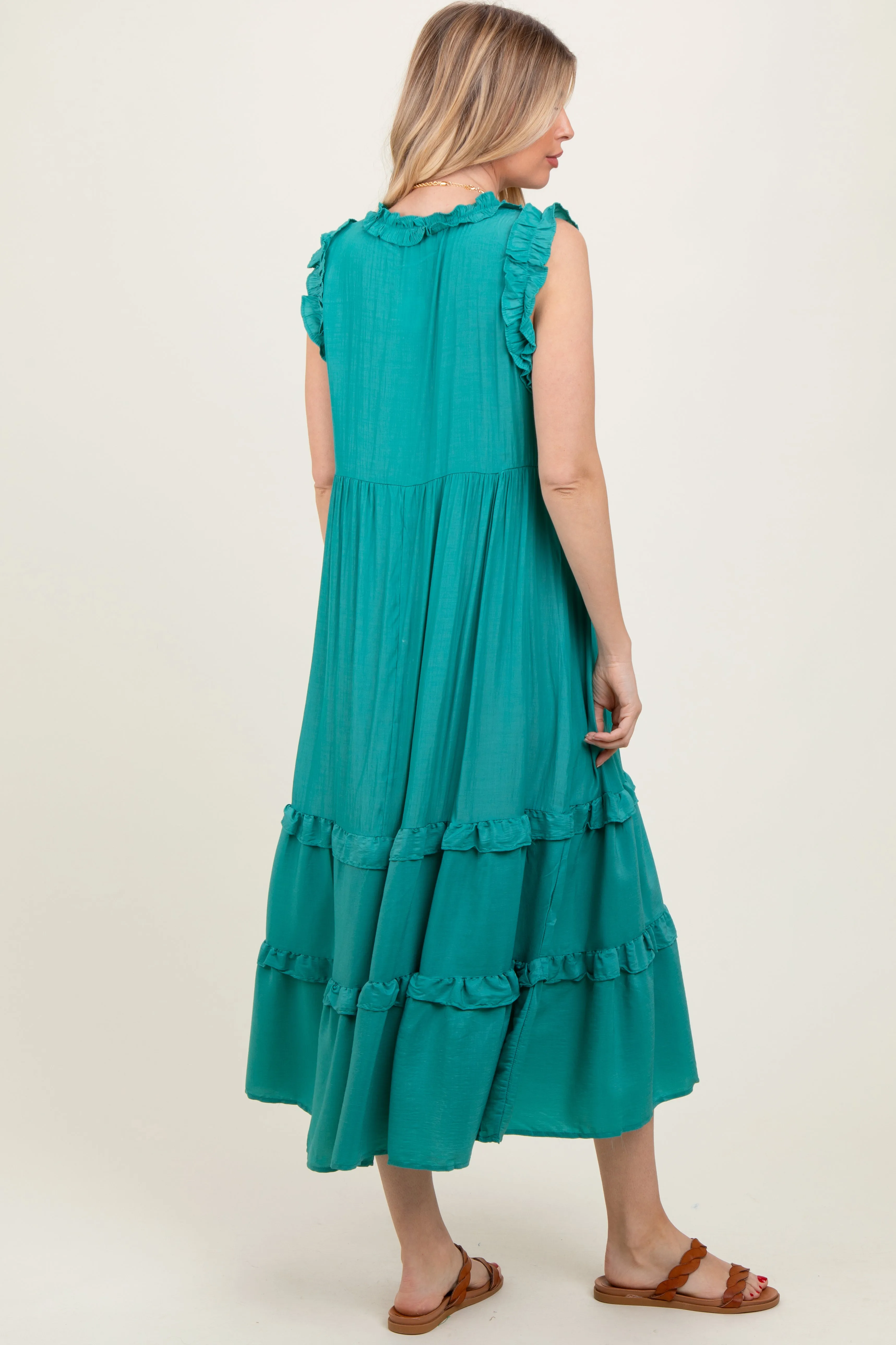Green Ruffle Accent Tiered Front Tie Midi Dress sold by Pinkblush product image thumbnail 4