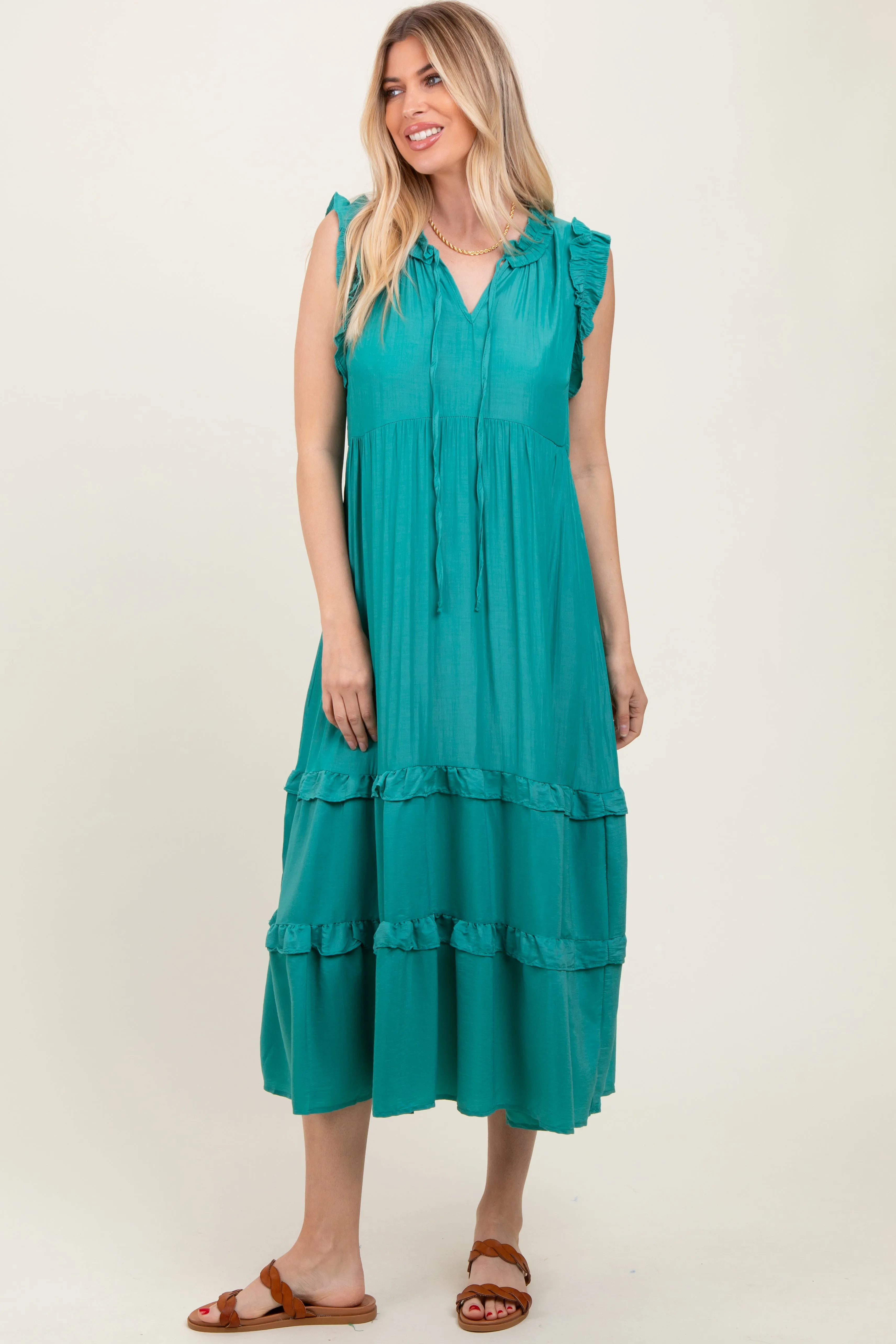 Green Ruffle Accent Tiered Front Tie Midi Dress sold by Pinkblush