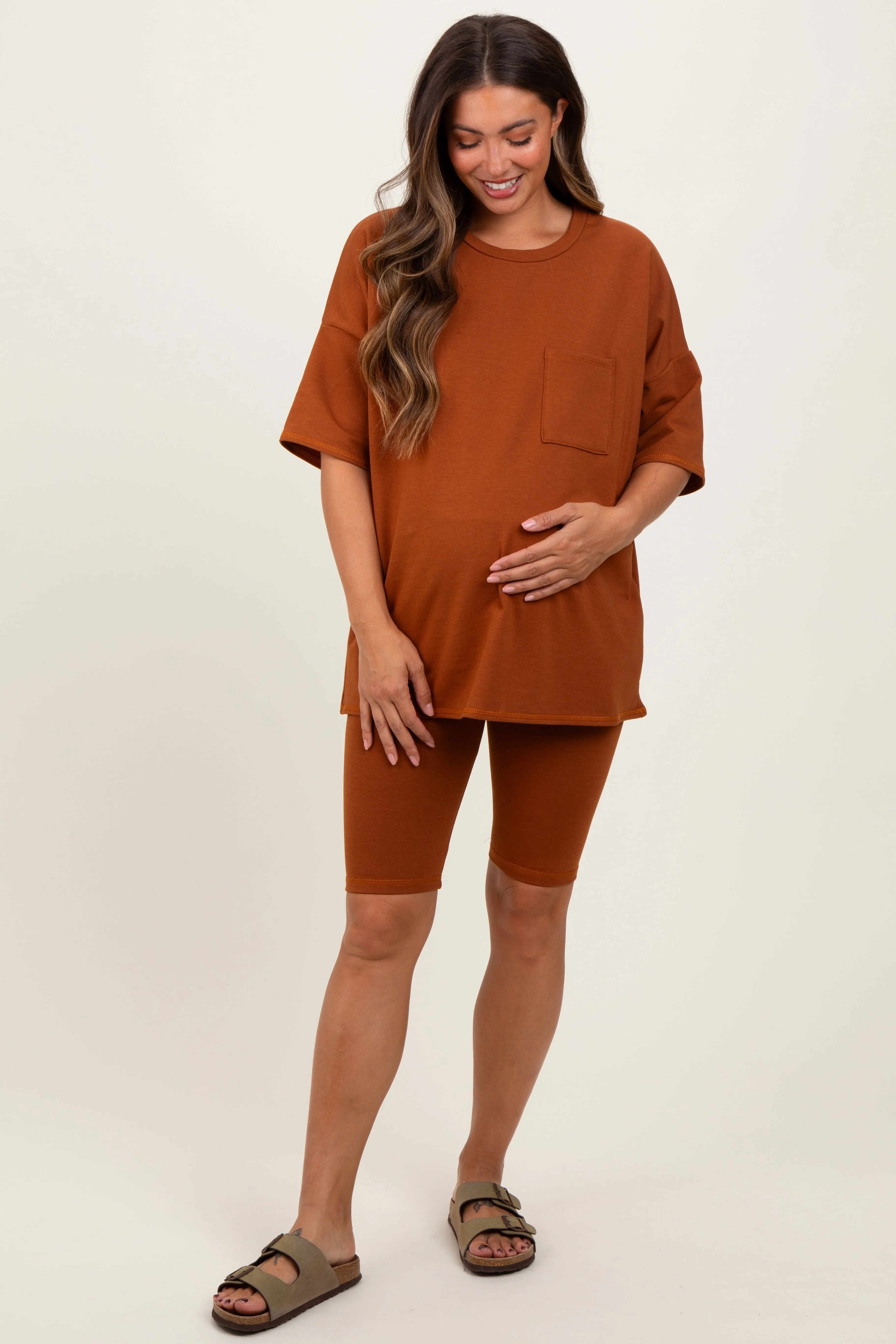 Rust Oversized Short Sleeve Biker Short Maternity Set sold by Pinkblush