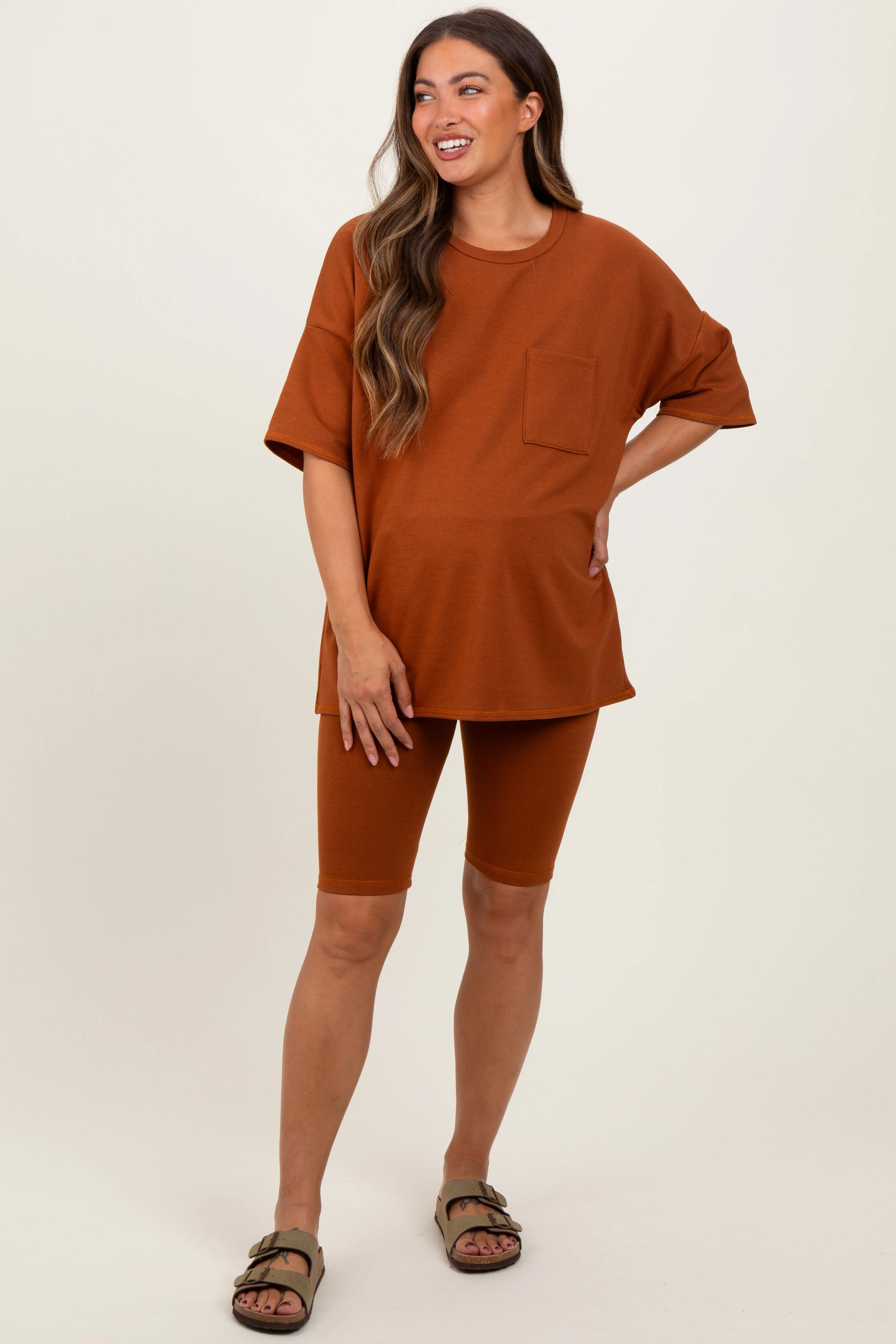 Rust Oversized Short Sleeve Biker Short Maternity Set sold by Pinkblush product image thumbnail 5
