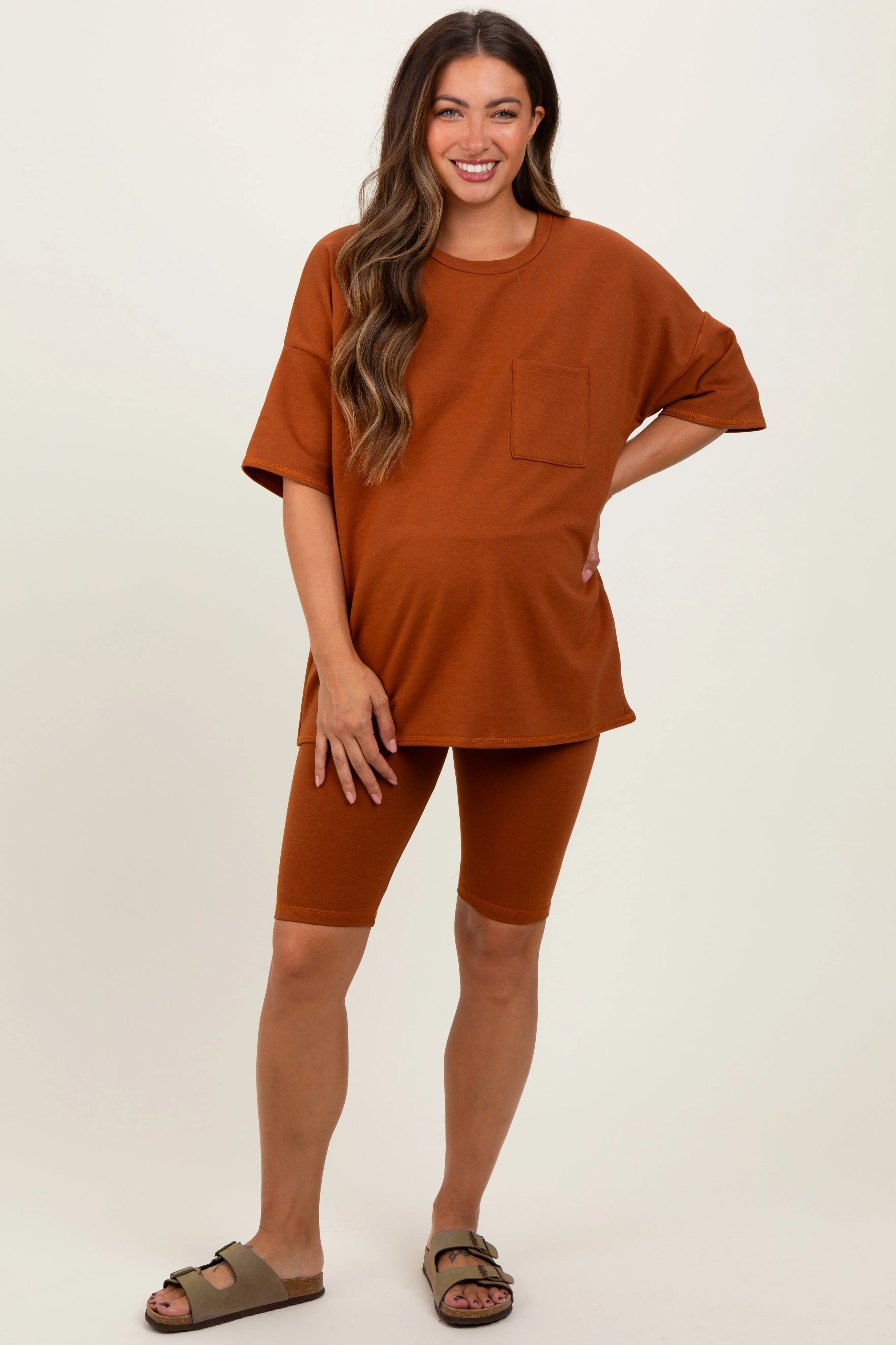 Rust Oversized Short Sleeve Biker Short Maternity Set sold by Pinkblush product image thumbnail 2