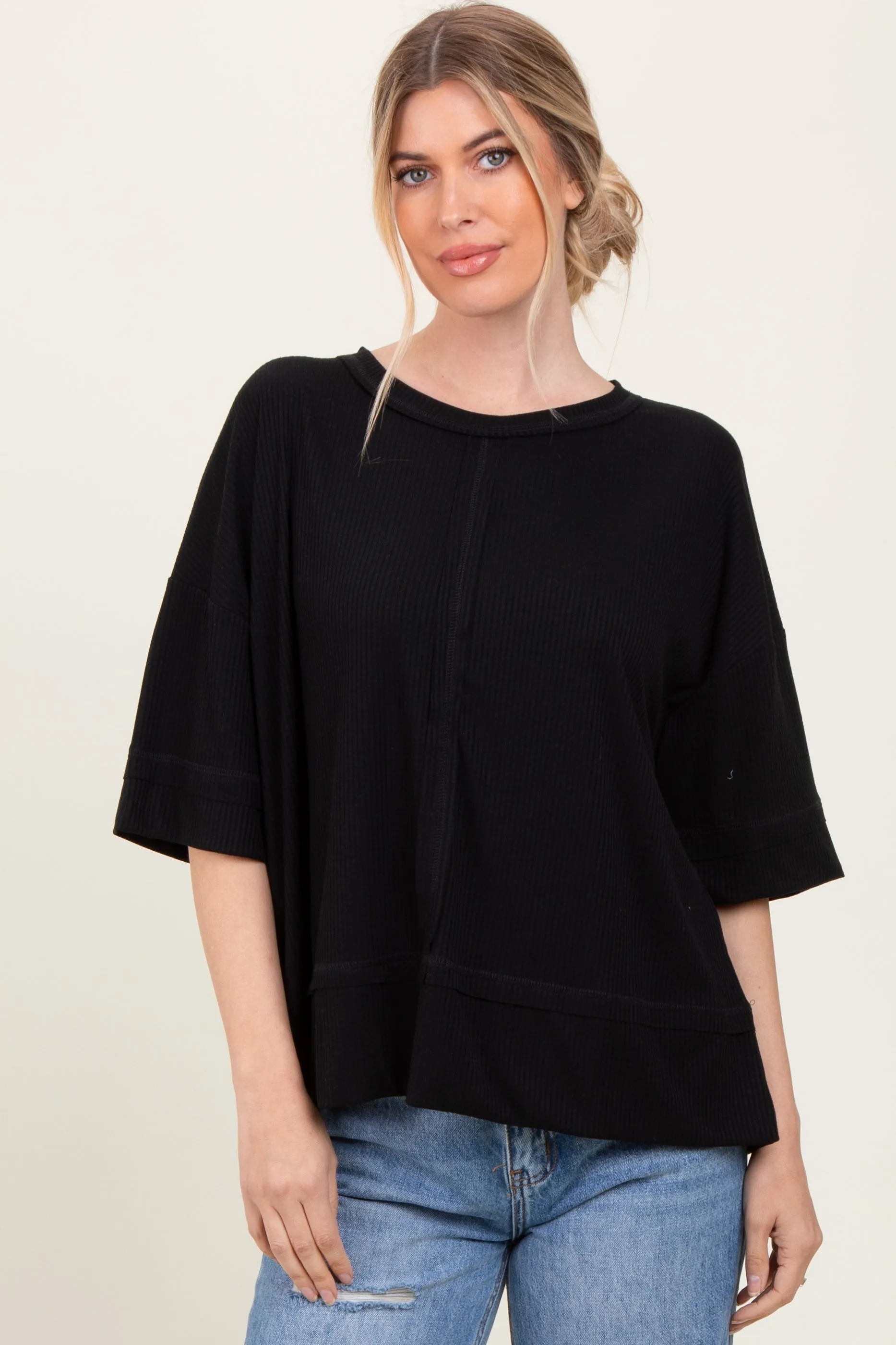 Black Ribbed Boxy Fit Short Sleeve Top sold by Pinkblush