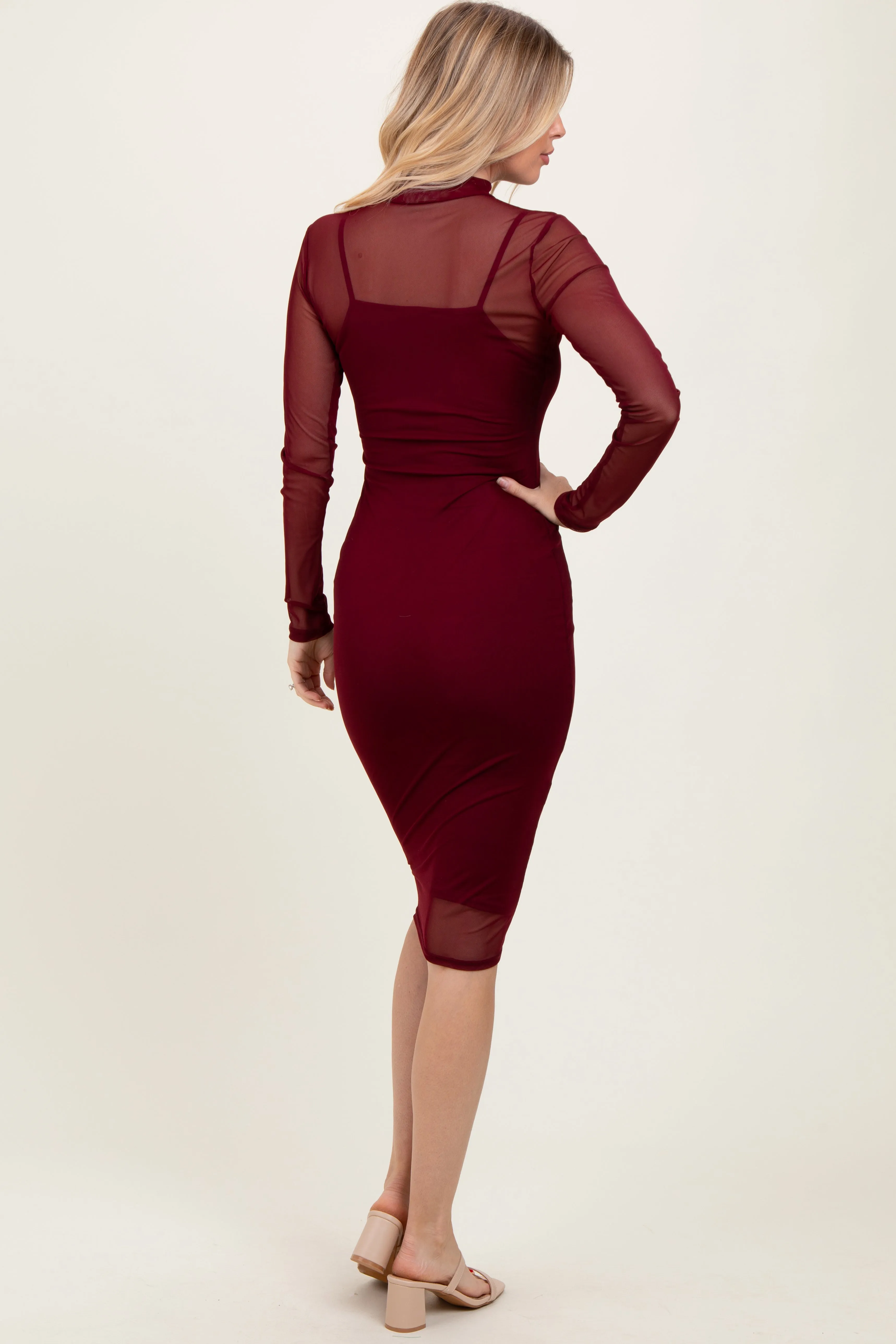 Burgundy Mesh Overlay Long Sleeve Midi Dress sold by Pinkblush product image thumbnail 4