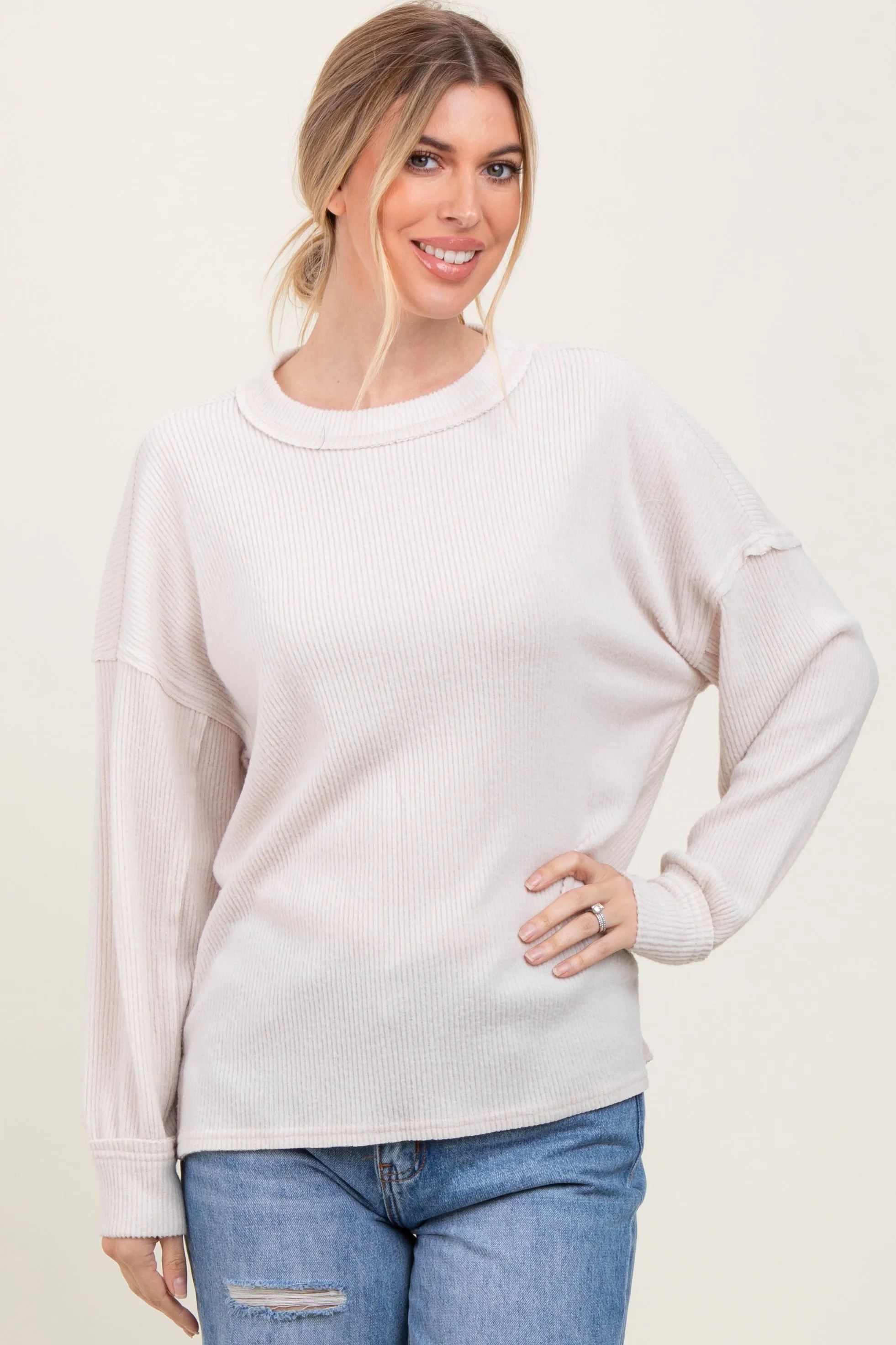 Cream Brushed Ribbed Knit Pullover sold by Pinkblush product image thumbnail 2