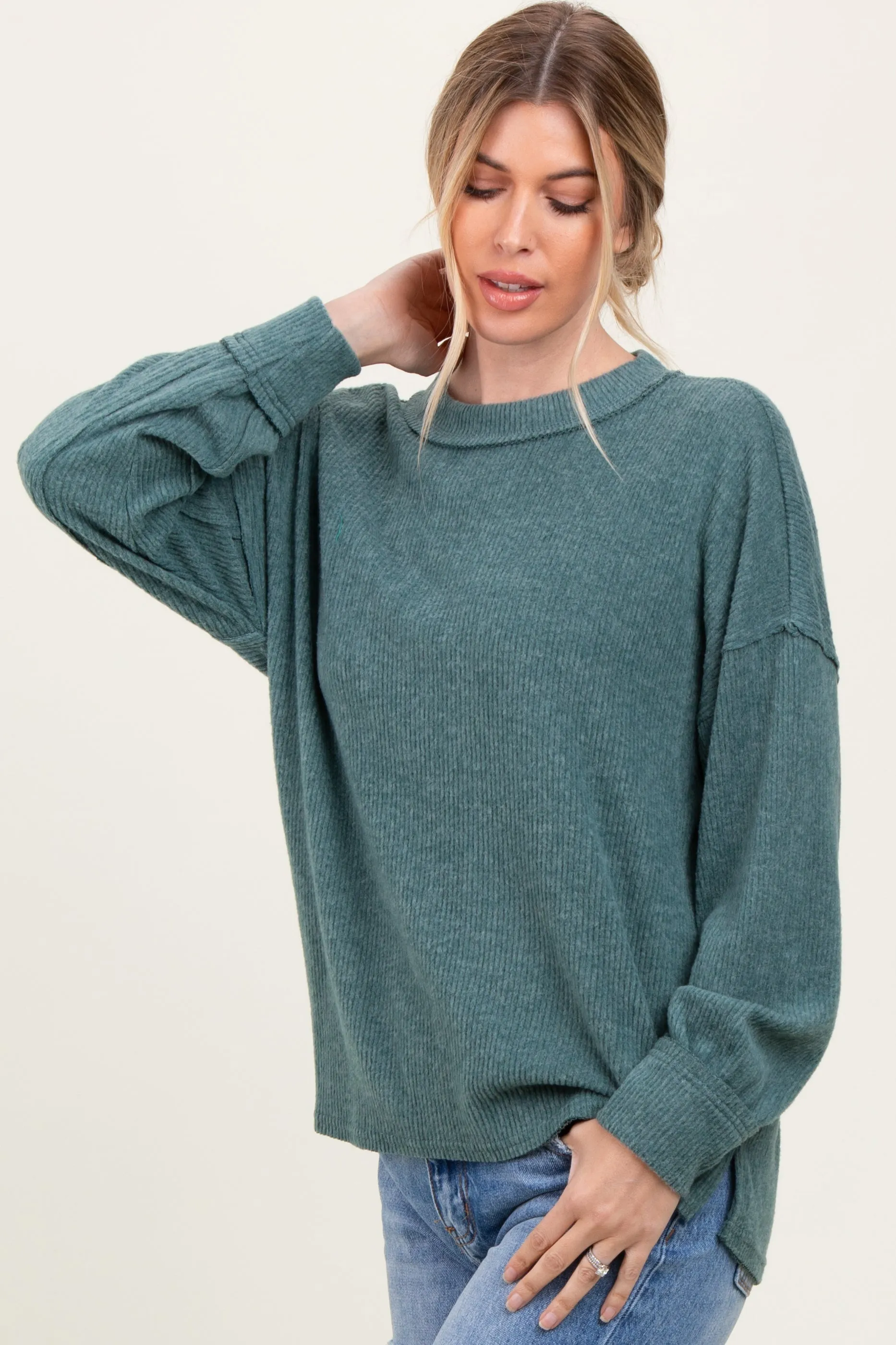 Light Olive Brushed Ribbed Knit Pullover sold by Pinkblush product image thumbnail 3