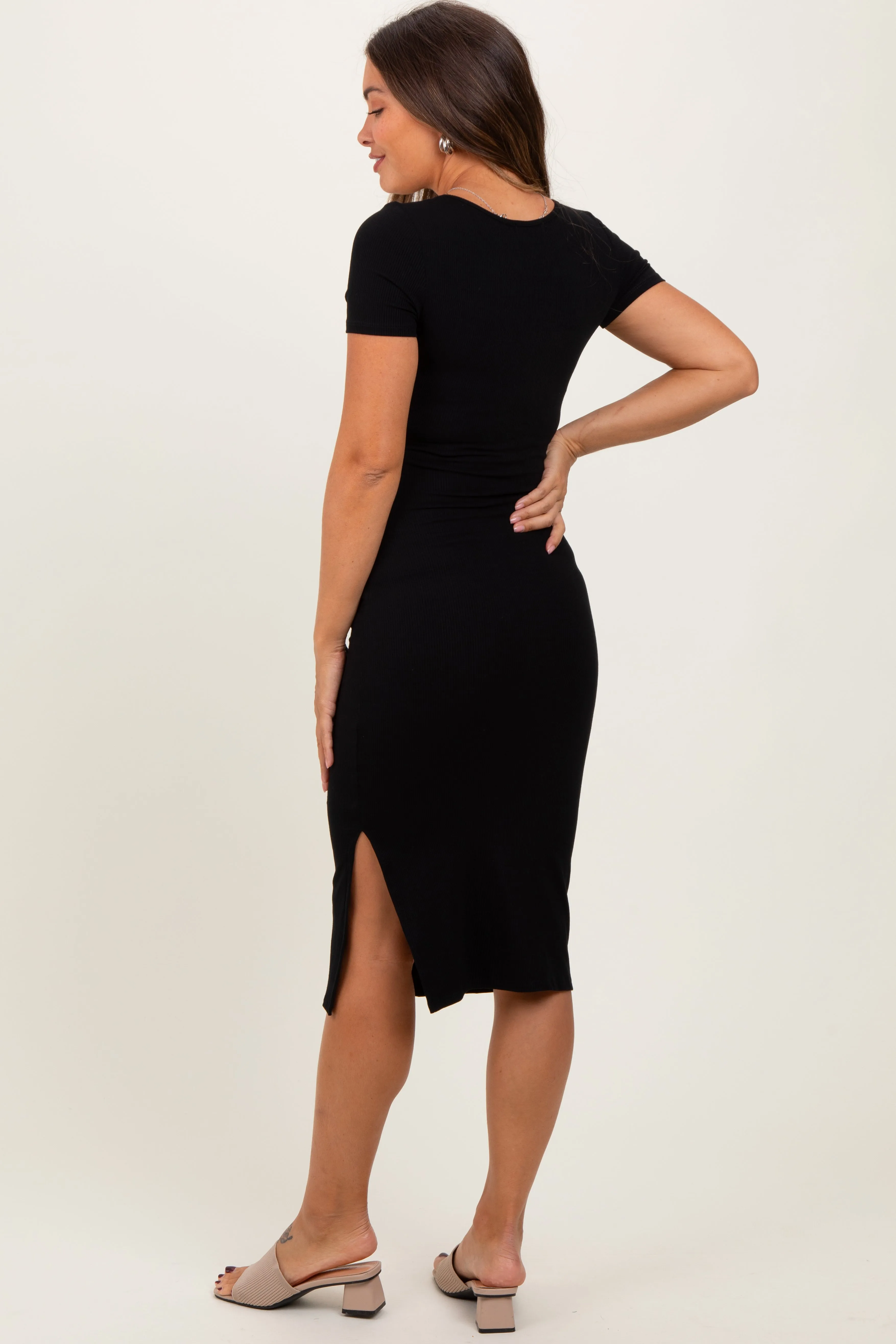 Black Square Neck Side Slit Maternity Midi Dress sold by Pinkblush product image thumbnail 4