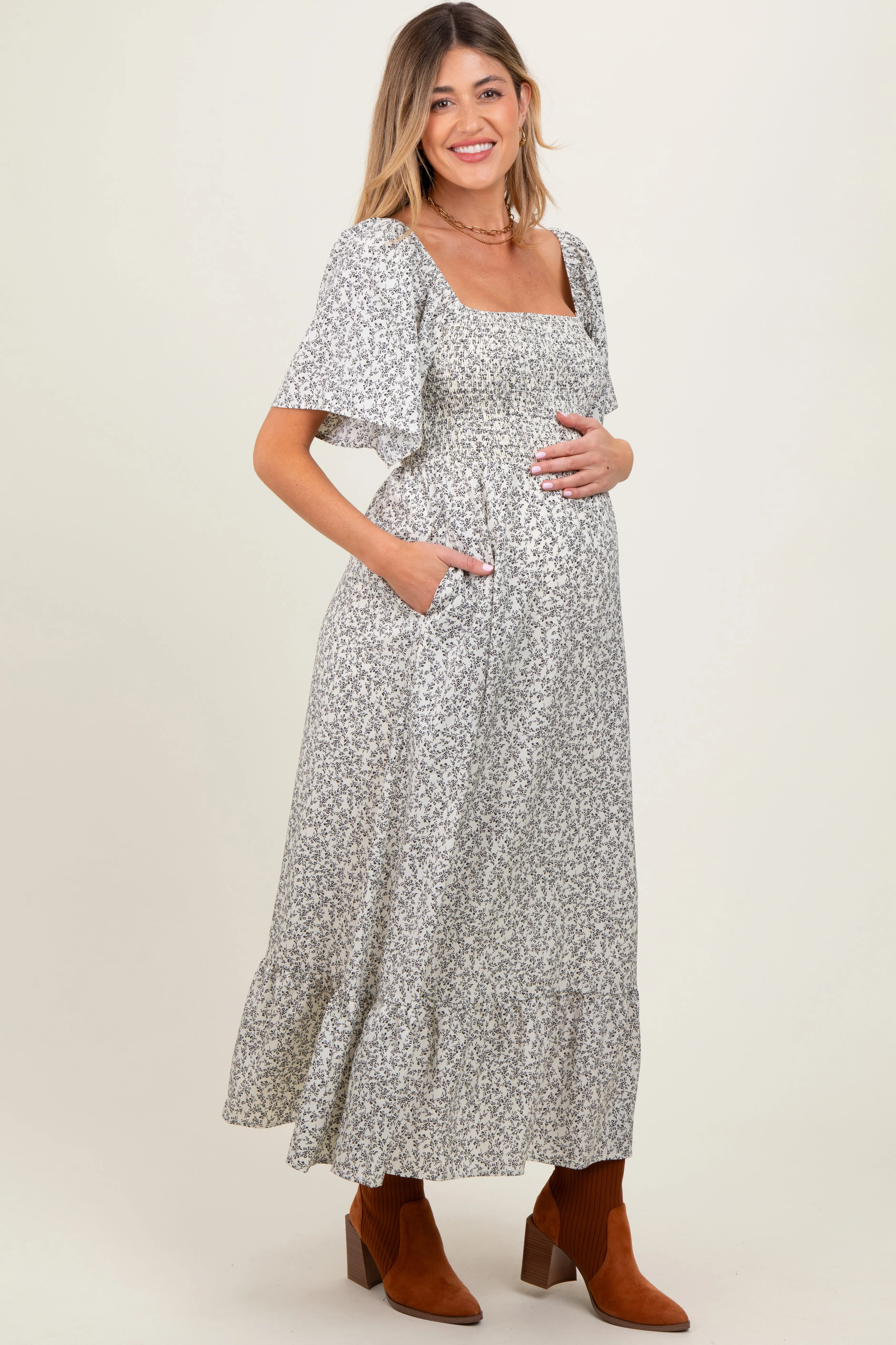 Cream Flowy Ditsy Floral Smocked Maternity Midi Dress sold by Pinkblush product image thumbnail 3