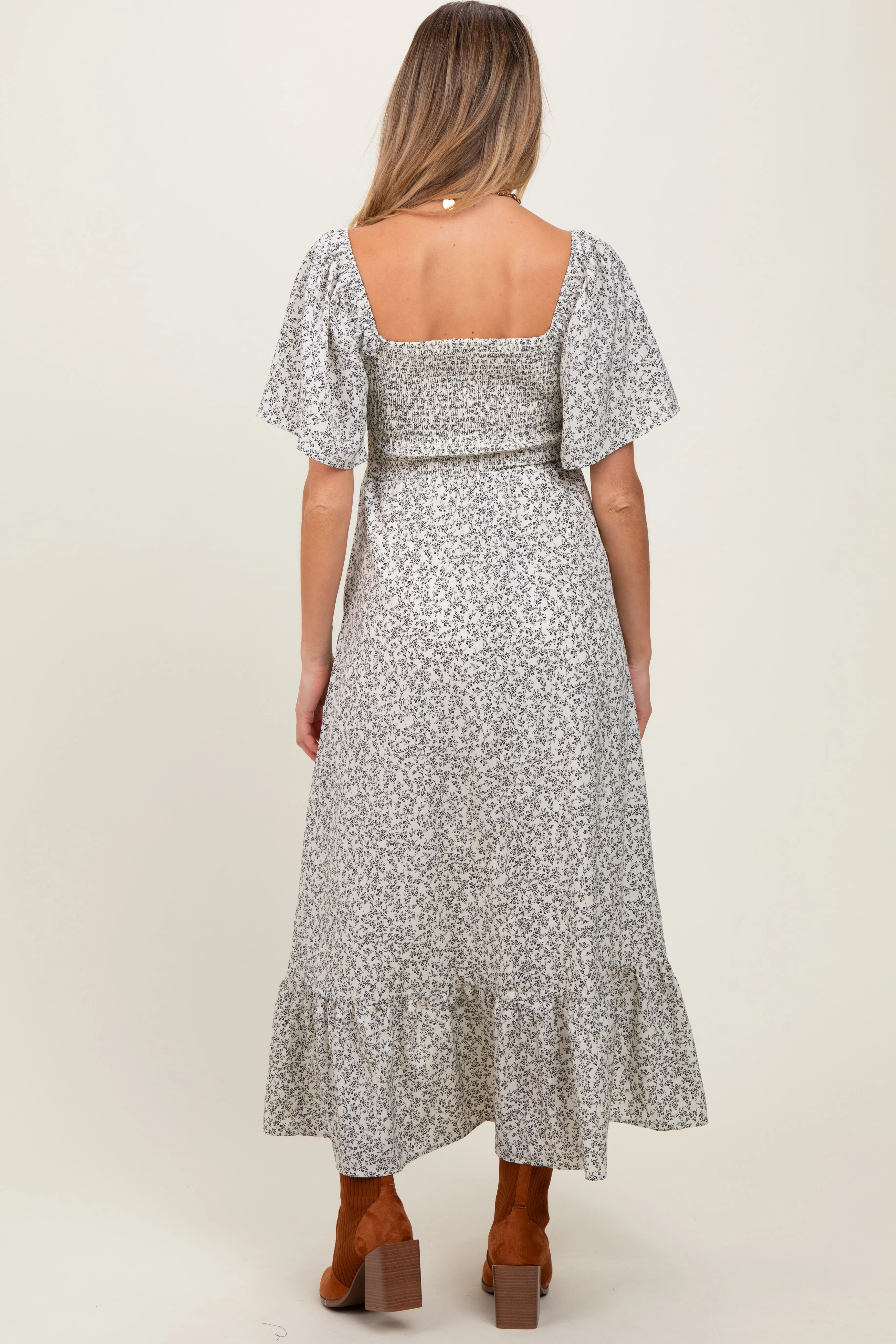 Cream Flowy Ditsy Floral Smocked Maternity Midi Dress sold by Pinkblush product image thumbnail 4