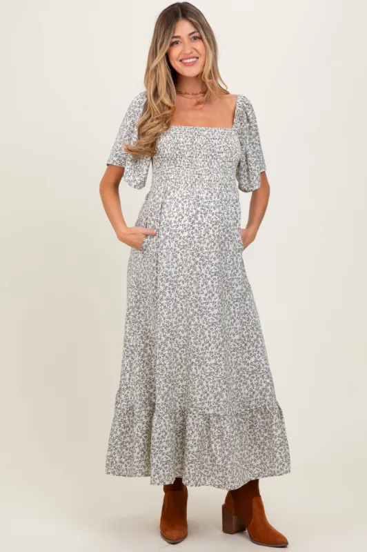 Cream Flowy Ditsy Floral Smocked Maternity Midi Dress sold by Pinkblush