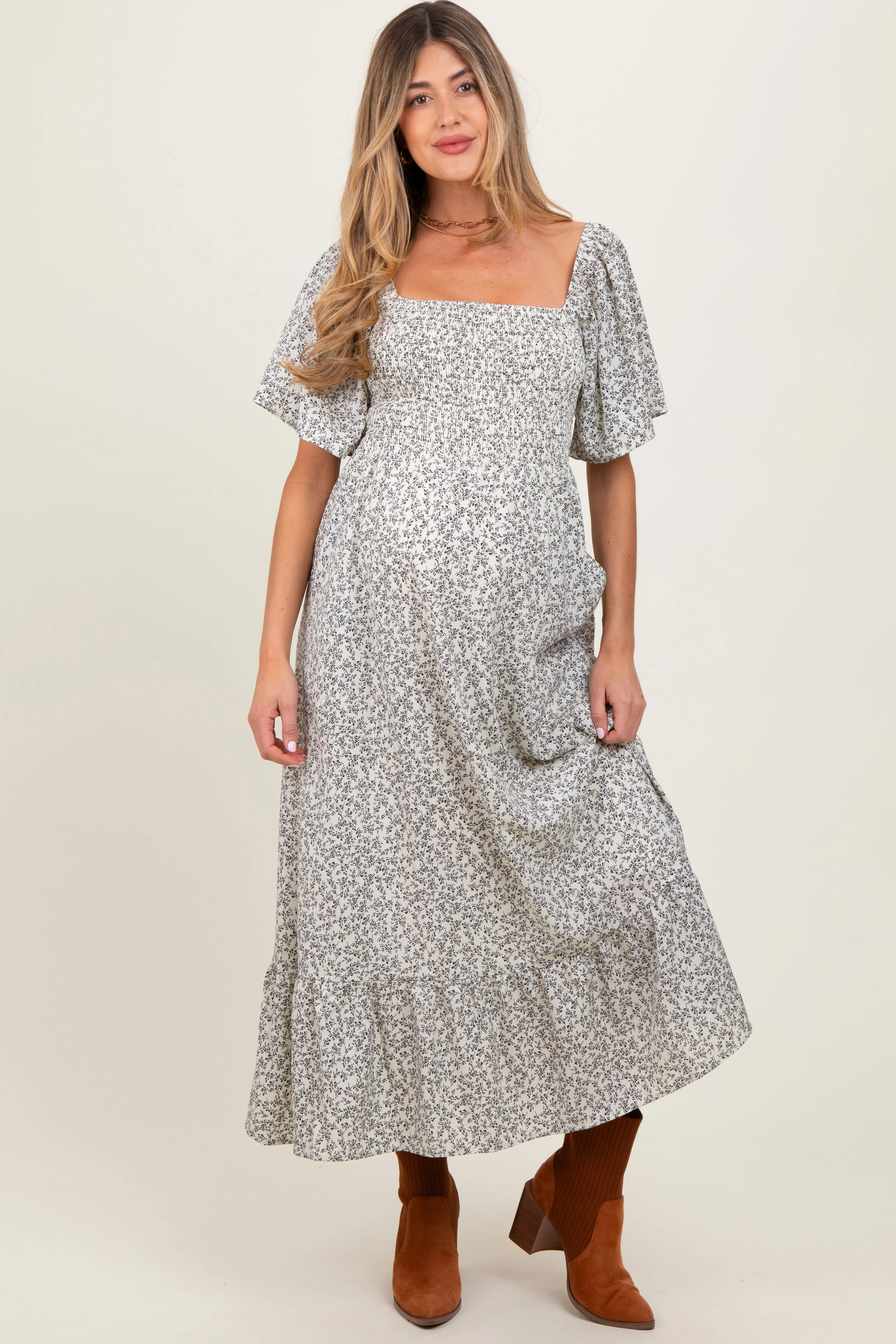 Cream Flowy Ditsy Floral Smocked Maternity Midi Dress sold by Pinkblush product image thumbnail 2