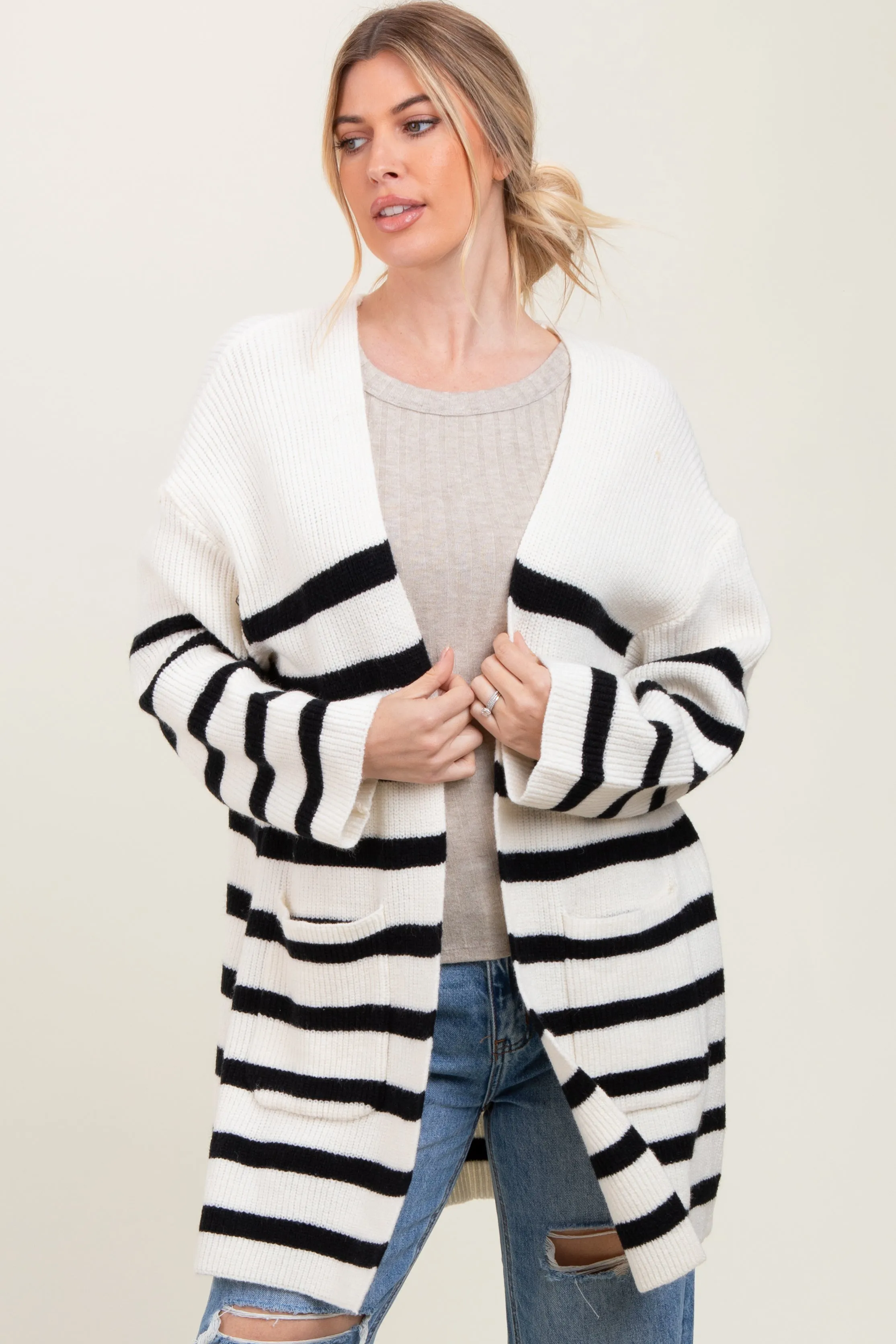 Ivory Black Knit Striped Long Cardigan sold by Pinkblush product image thumbnail 2