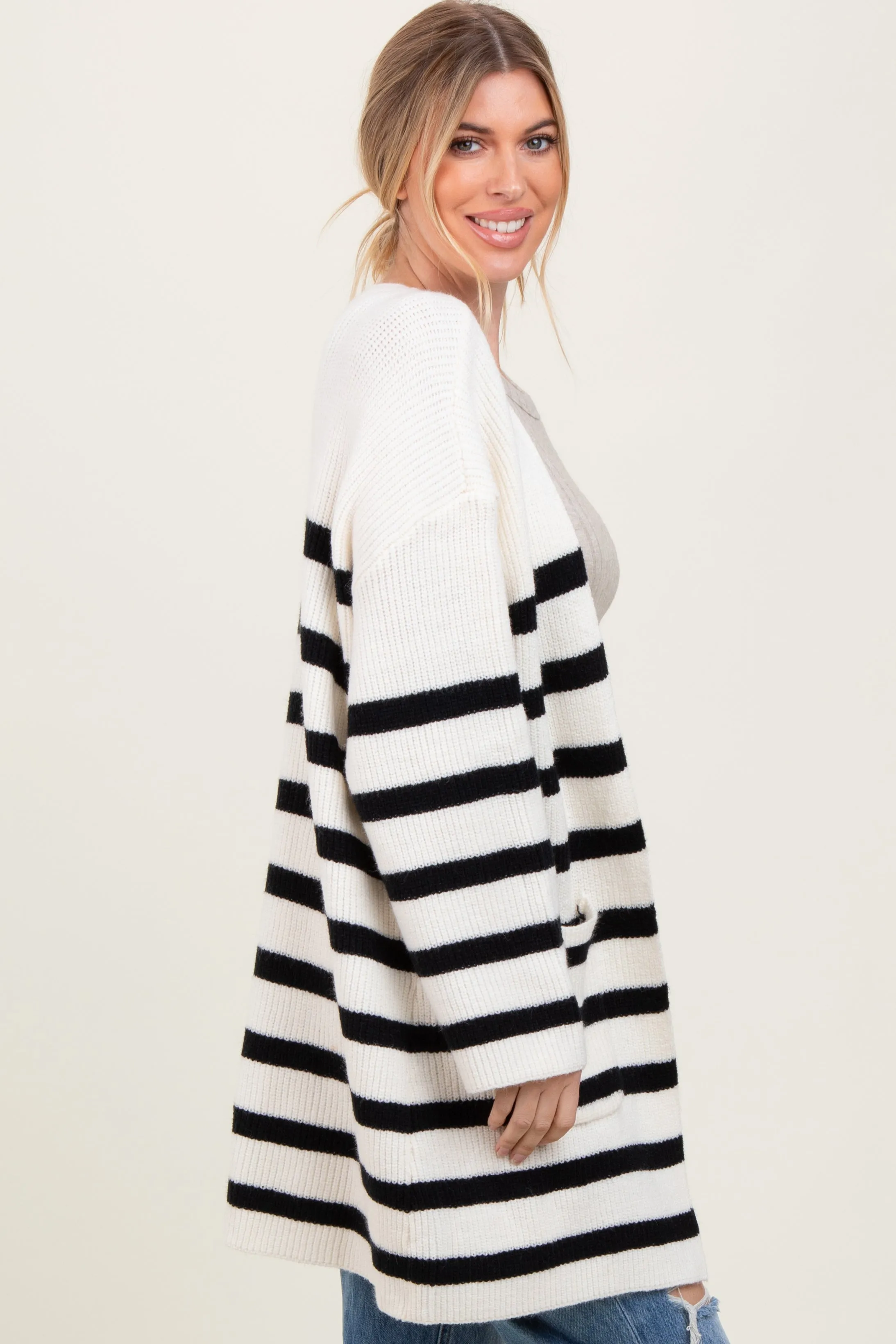 Ivory Black Knit Striped Long Cardigan sold by Pinkblush product image thumbnail 3