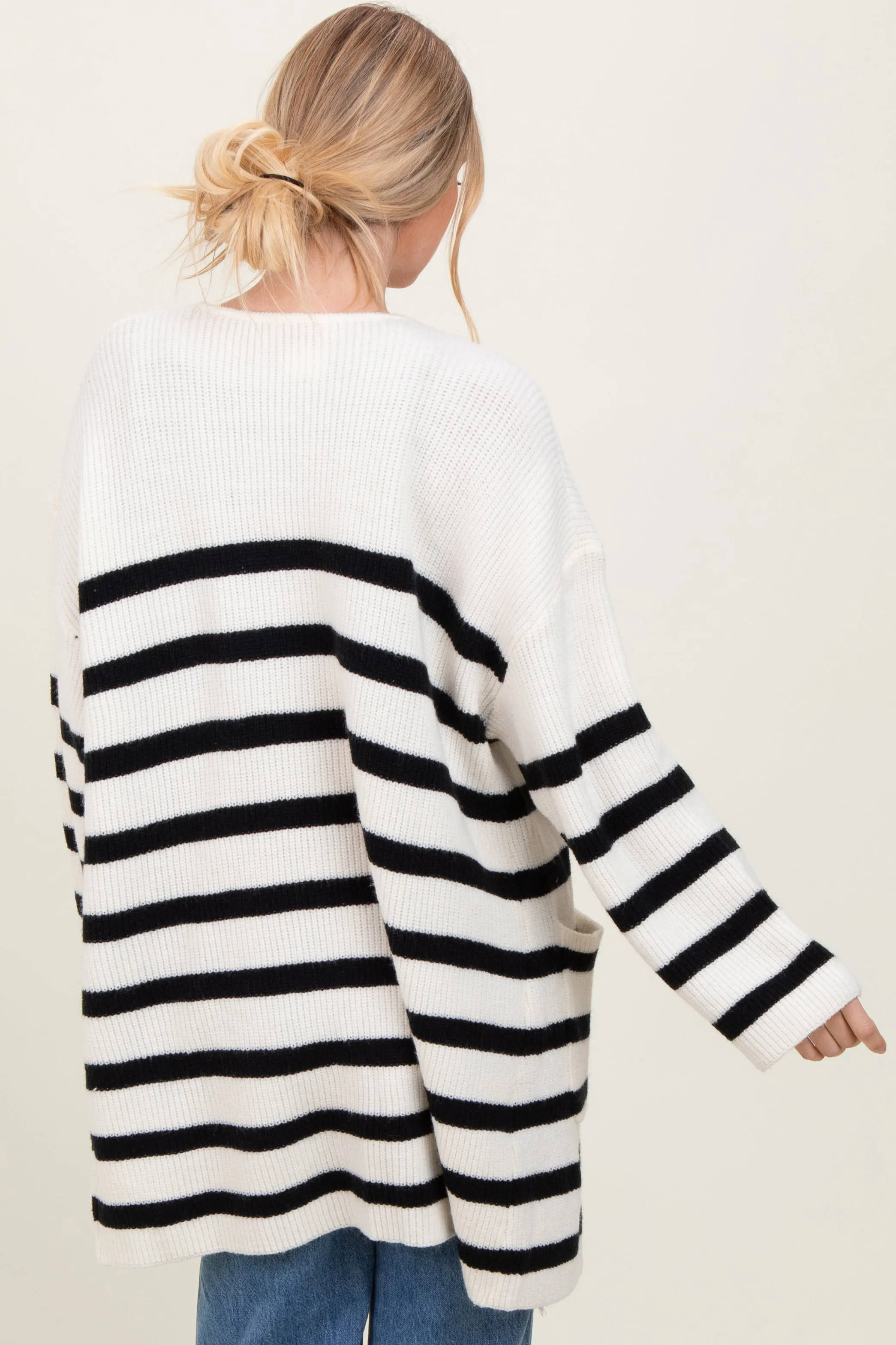 Ivory Black Knit Striped Long Cardigan sold by Pinkblush product image thumbnail 4