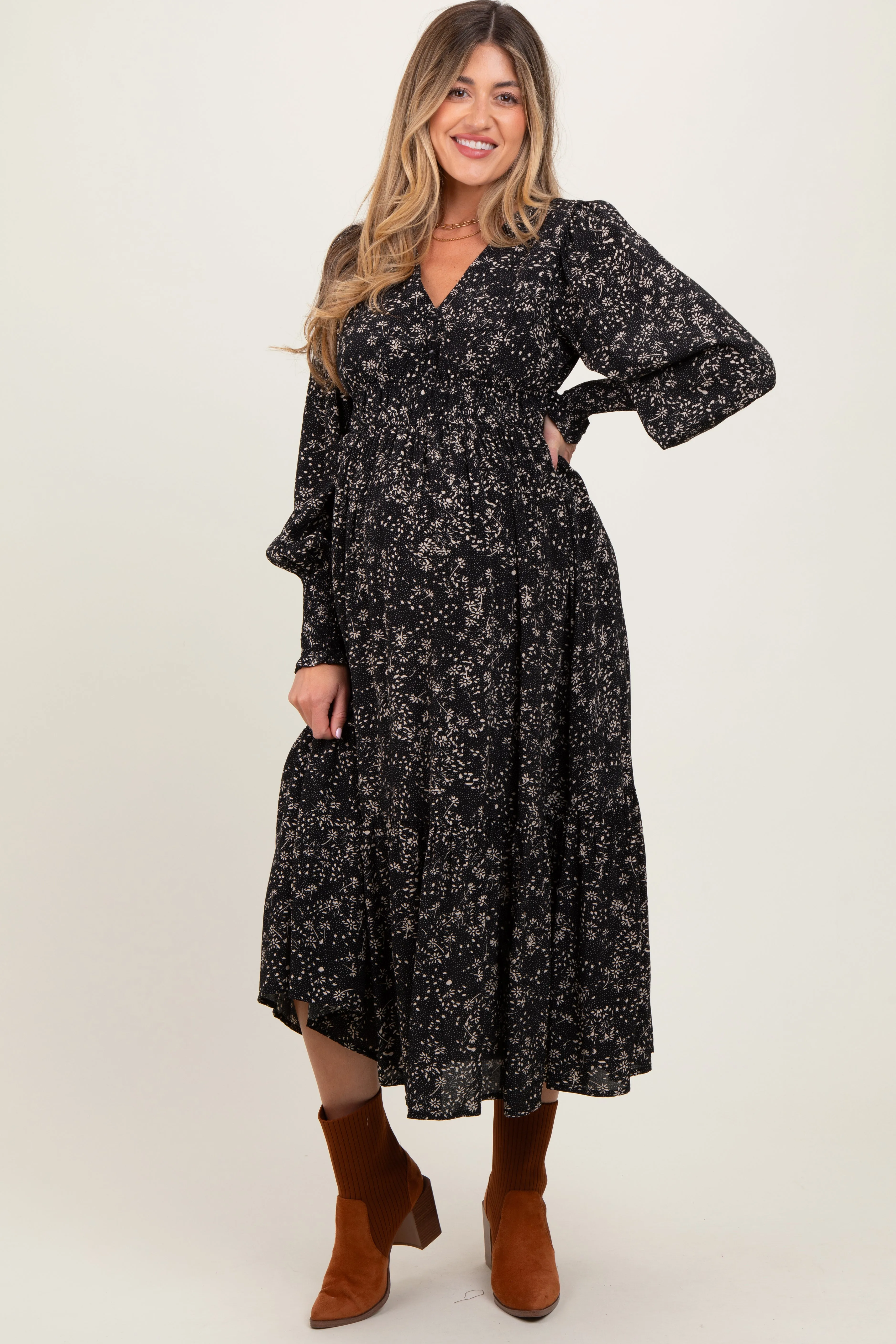 Black Floral Button Maternity Maxi Dress sold by Pinkblush