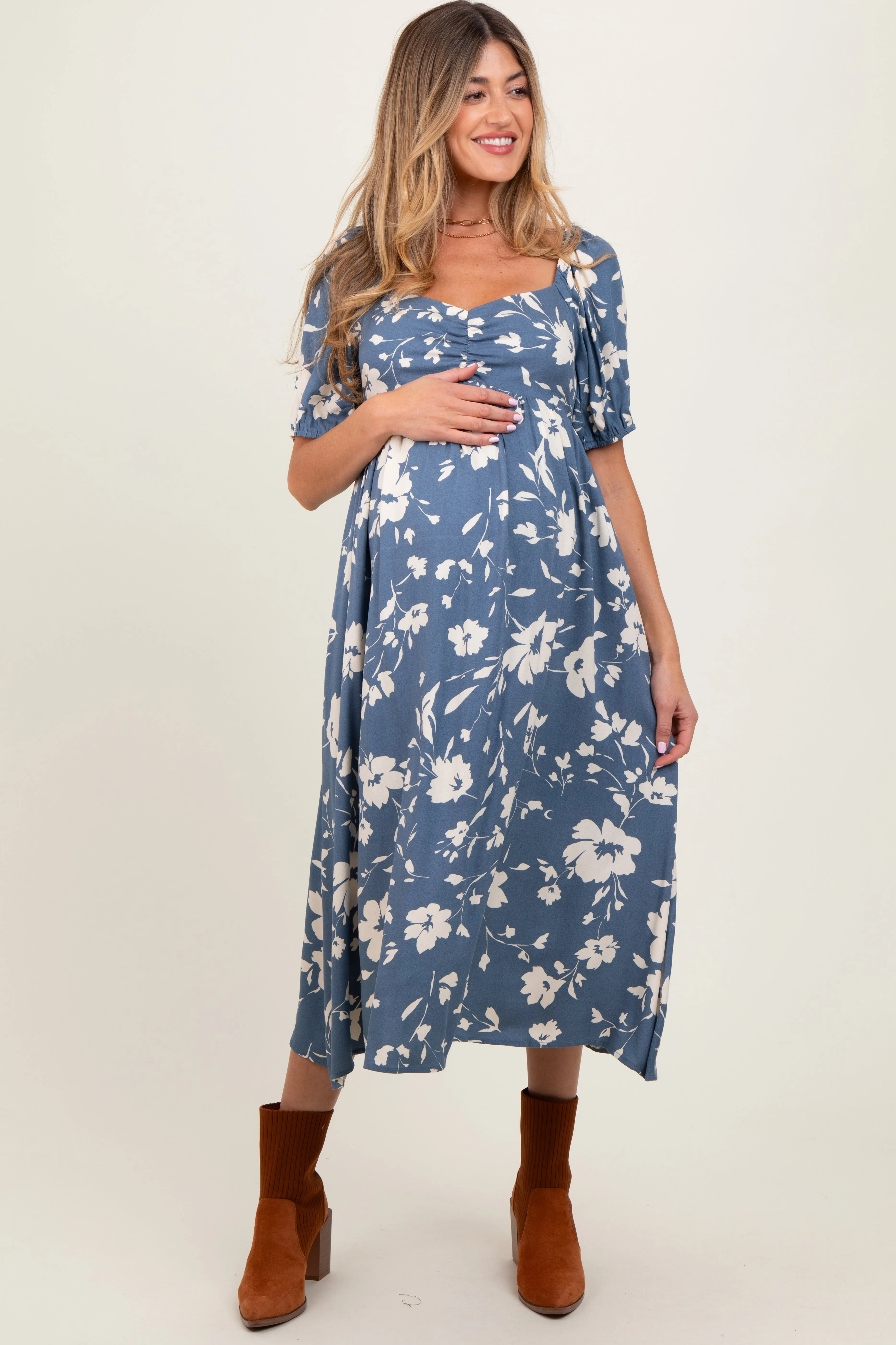 Light Navy Floral Sweetheart Neckline Maternity Midi Dress sold by Pinkblush