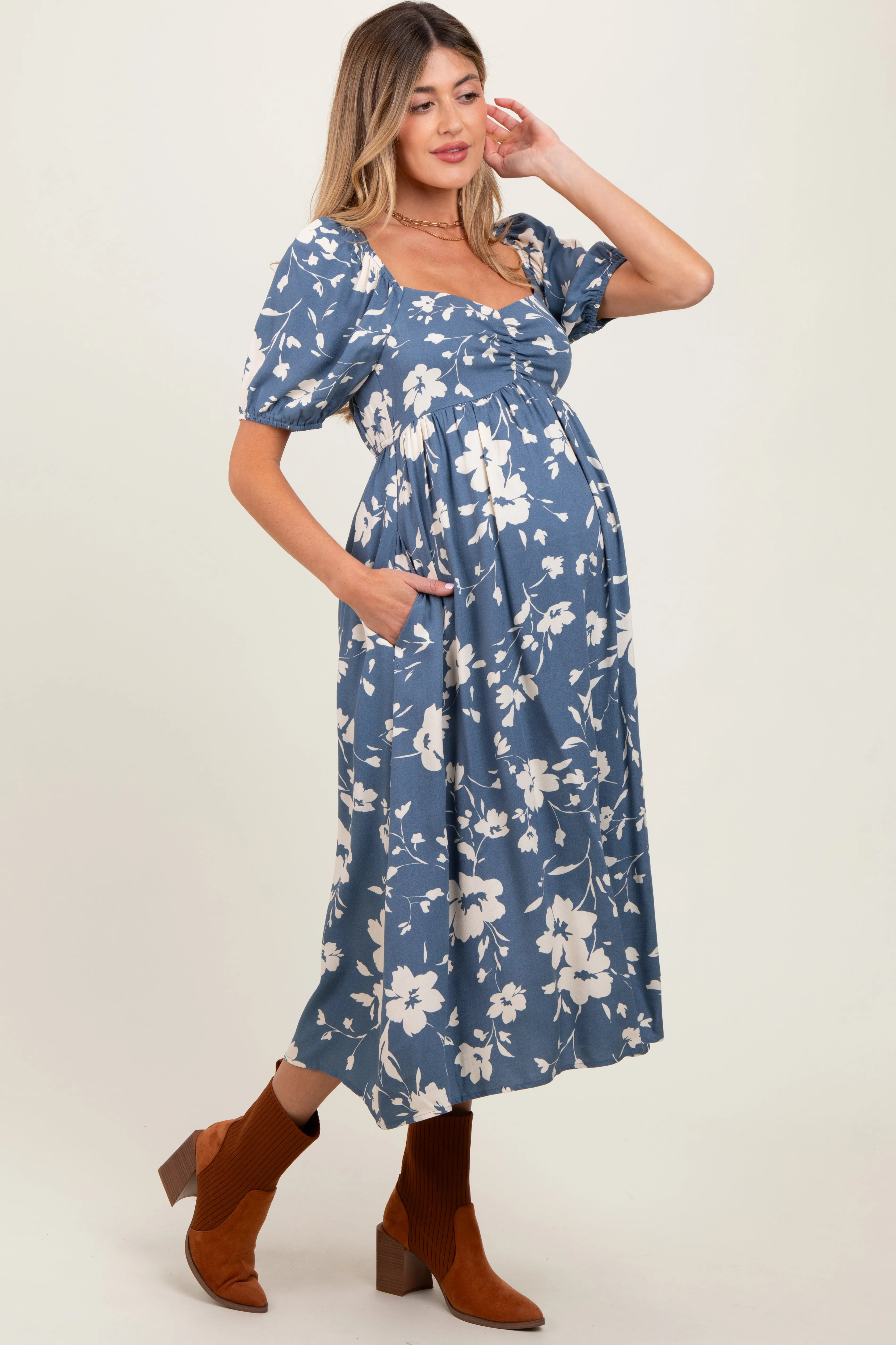 Light Navy Floral Sweetheart Neckline Maternity Midi Dress sold by Pinkblush product image thumbnail 3