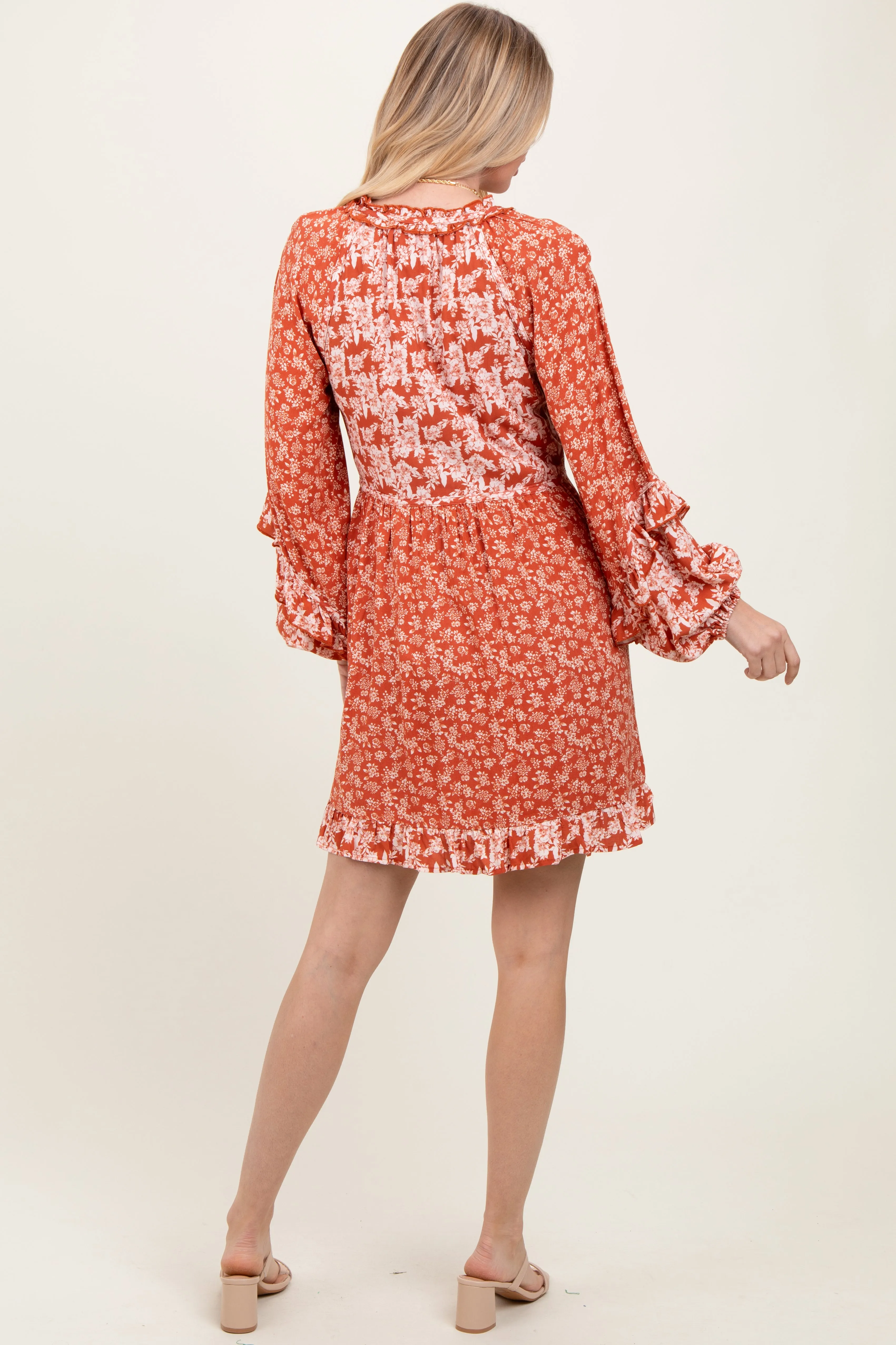 Rust Mixed Floral Tie Front Ruffle Accent Dress sold by Pinkblush product image thumbnail 4