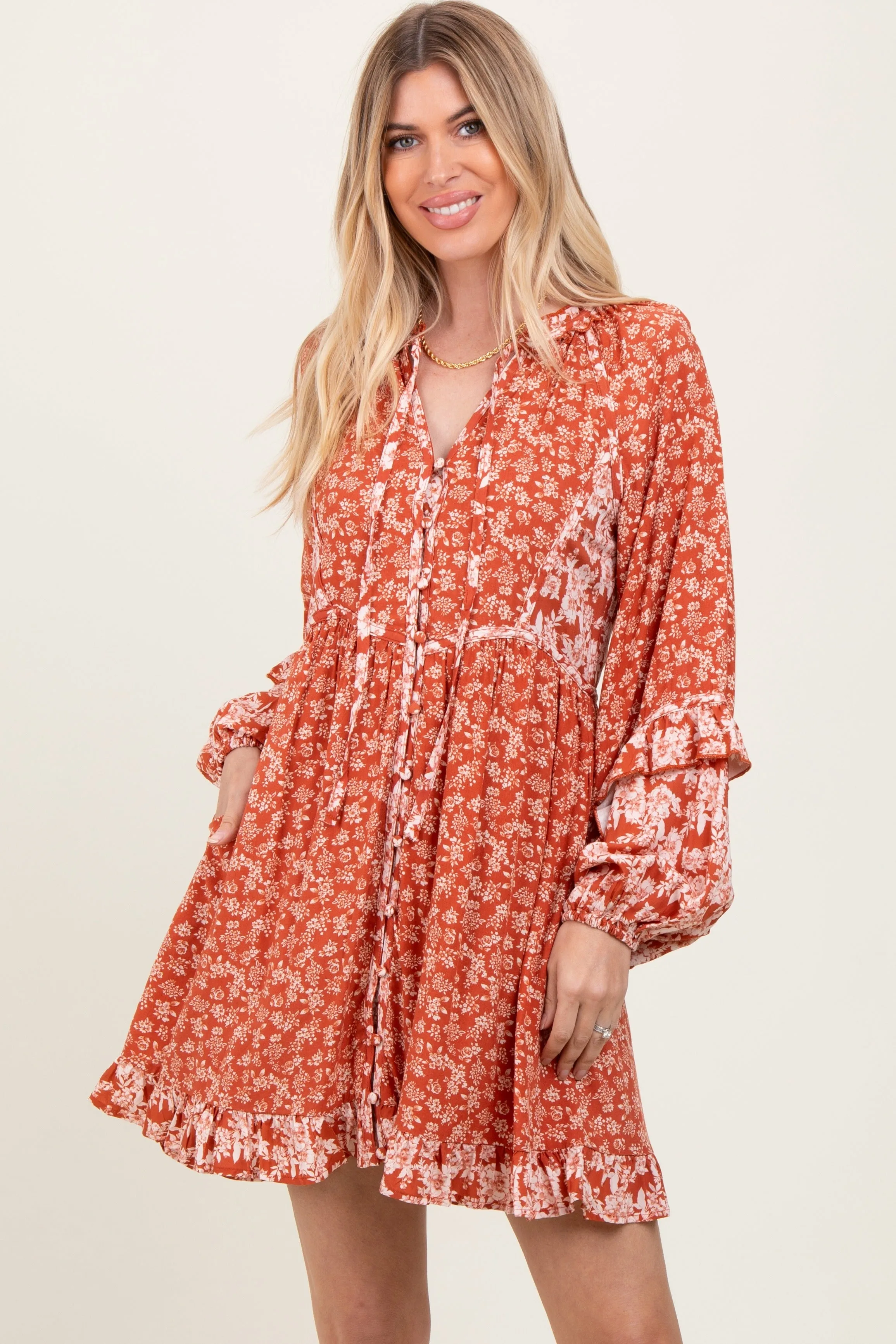 Rust Mixed Floral Tie Front Ruffle Accent Dress sold by Pinkblush