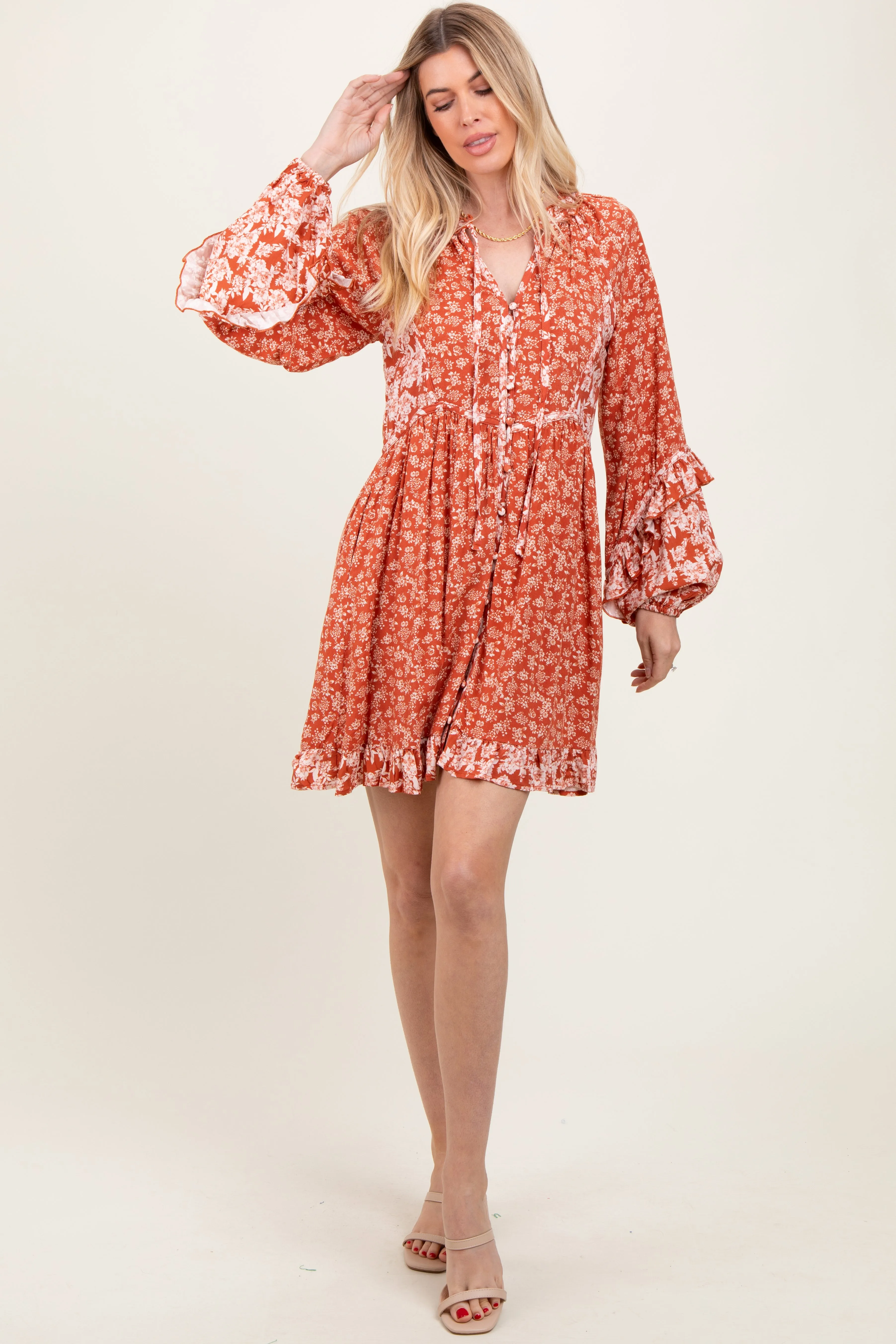Rust Mixed Floral Tie Front Ruffle Accent Dress sold by Pinkblush product image thumbnail 2