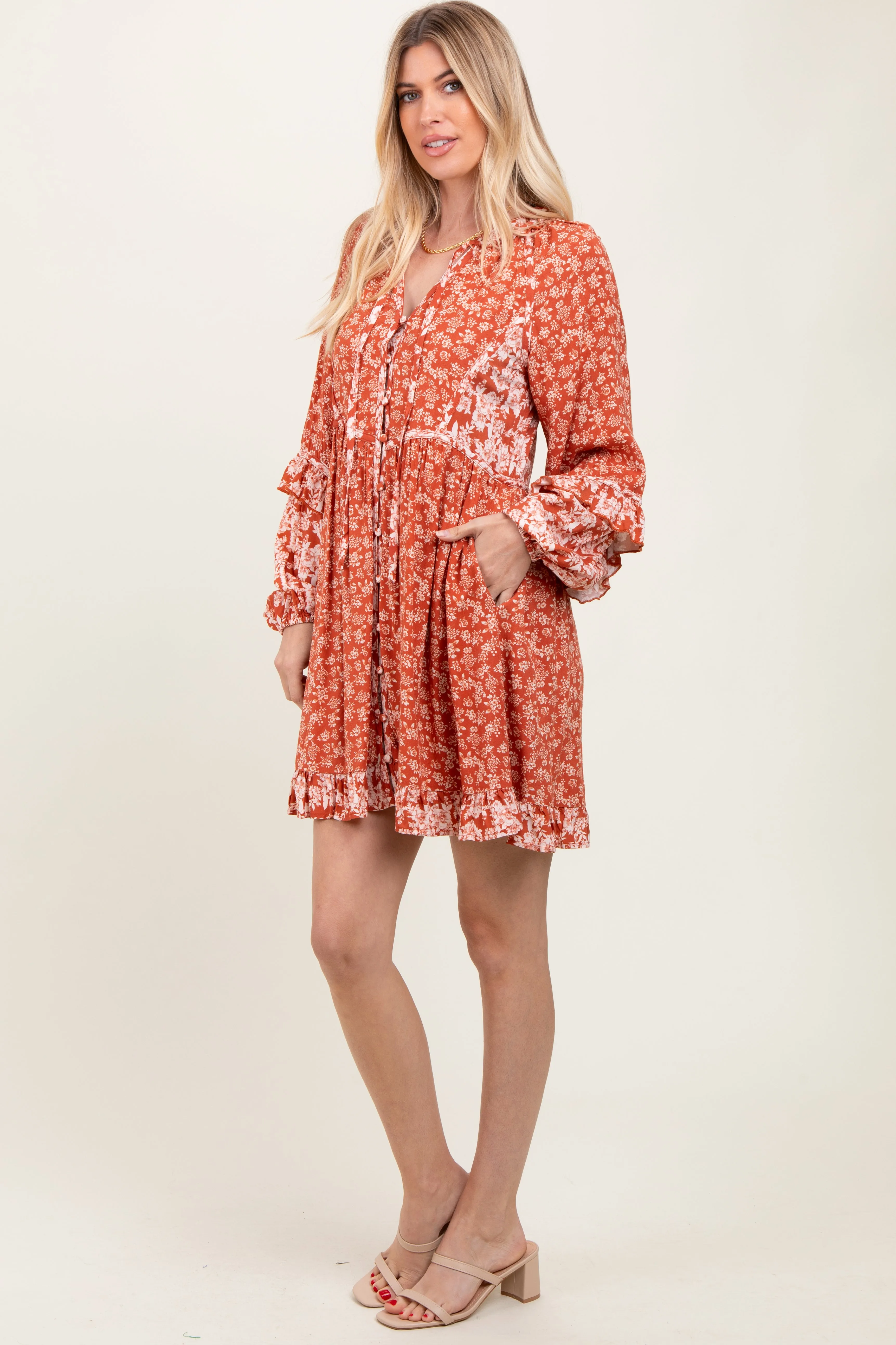 Rust Mixed Floral Tie Front Ruffle Accent Dress sold by Pinkblush product image thumbnail 3