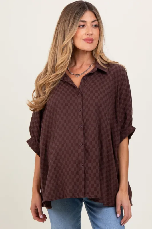 Brown Checker Print Short Sleeve Oversized Maternity Blouse sold by Pinkblush