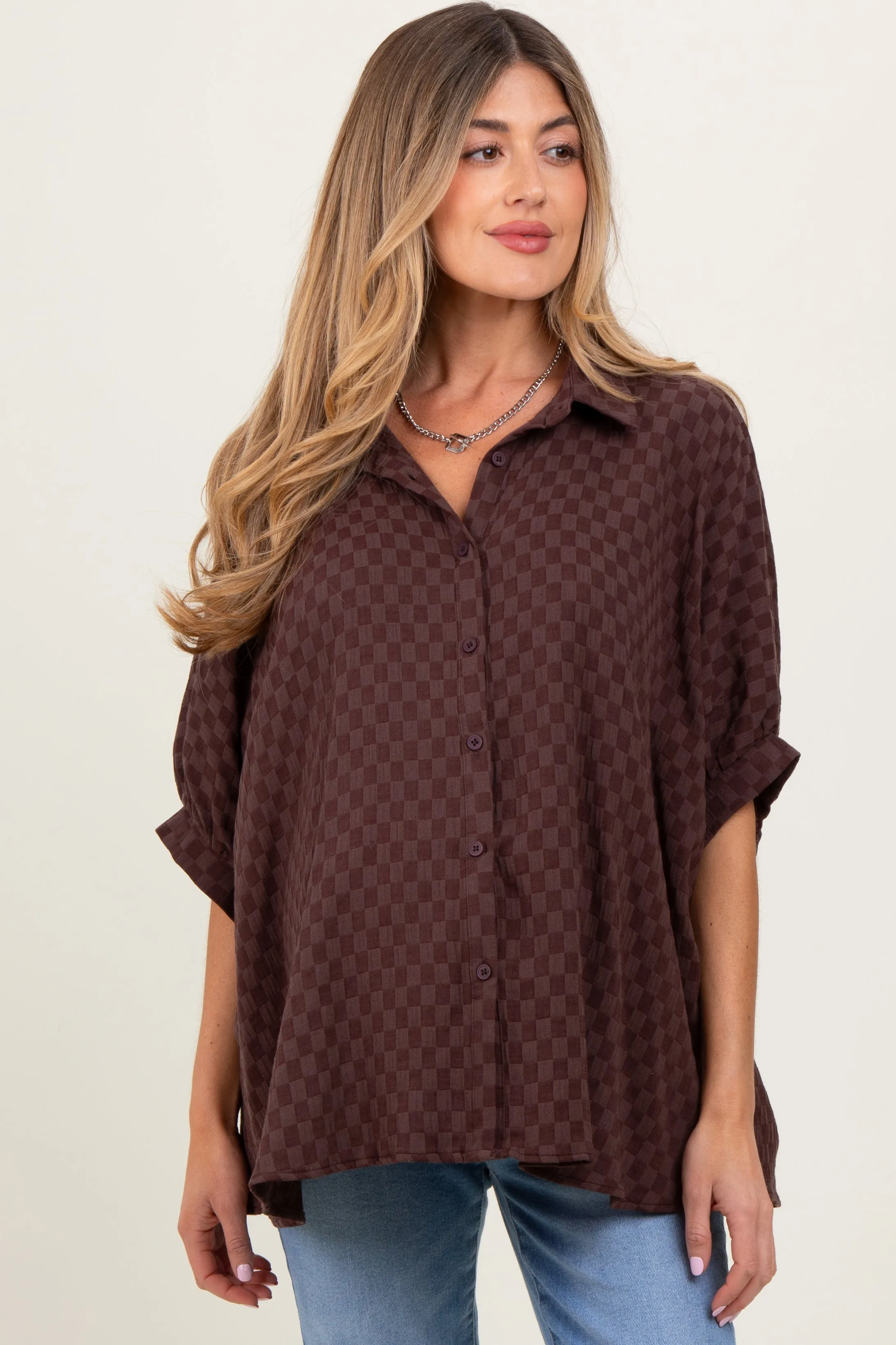 Brown Checker Print Short Sleeve Oversized Maternity Blouse sold by Pinkblush