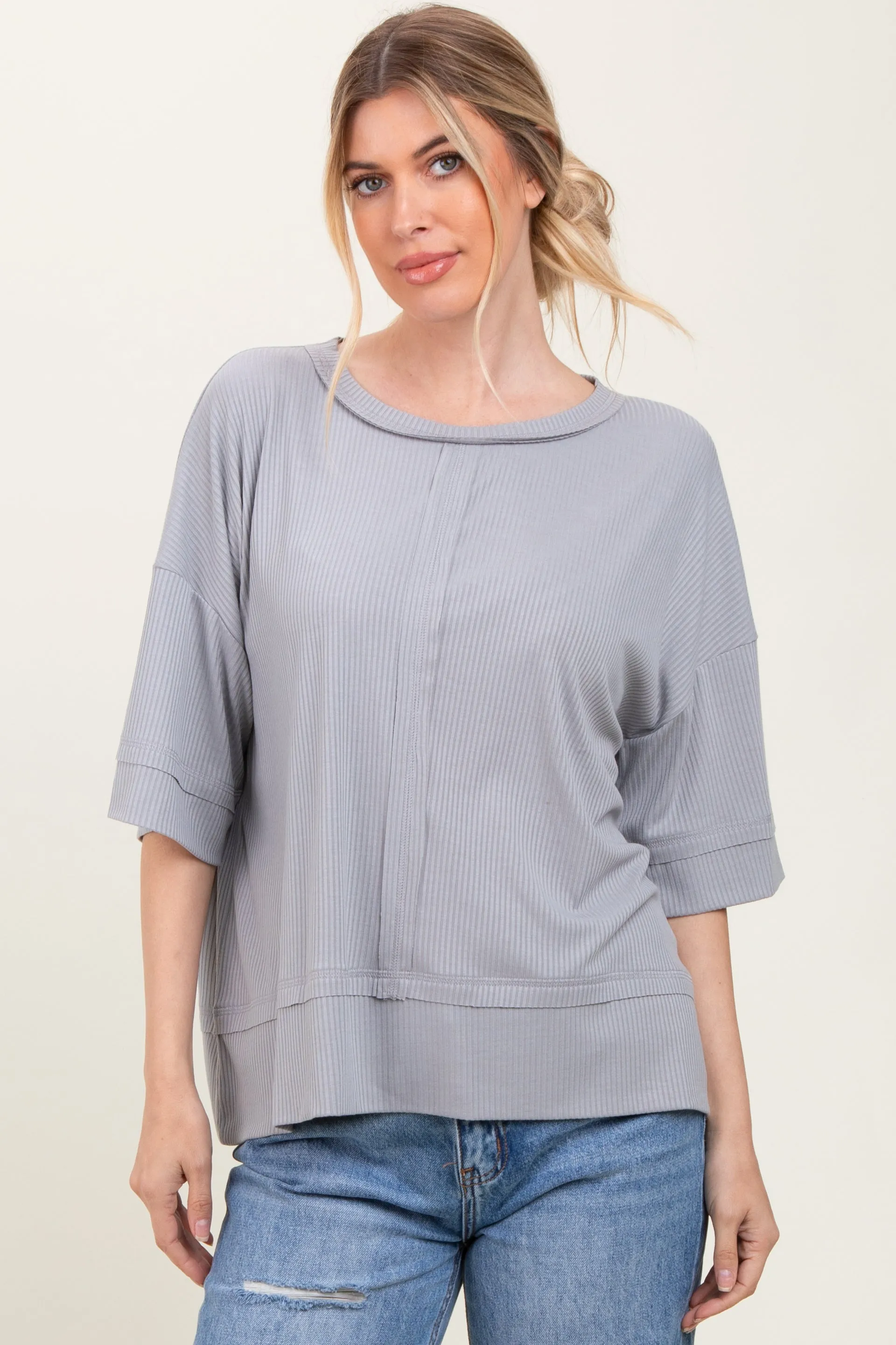 Light Grey Ribbed Boxy Fit Short Sleeve Top sold by Pinkblush