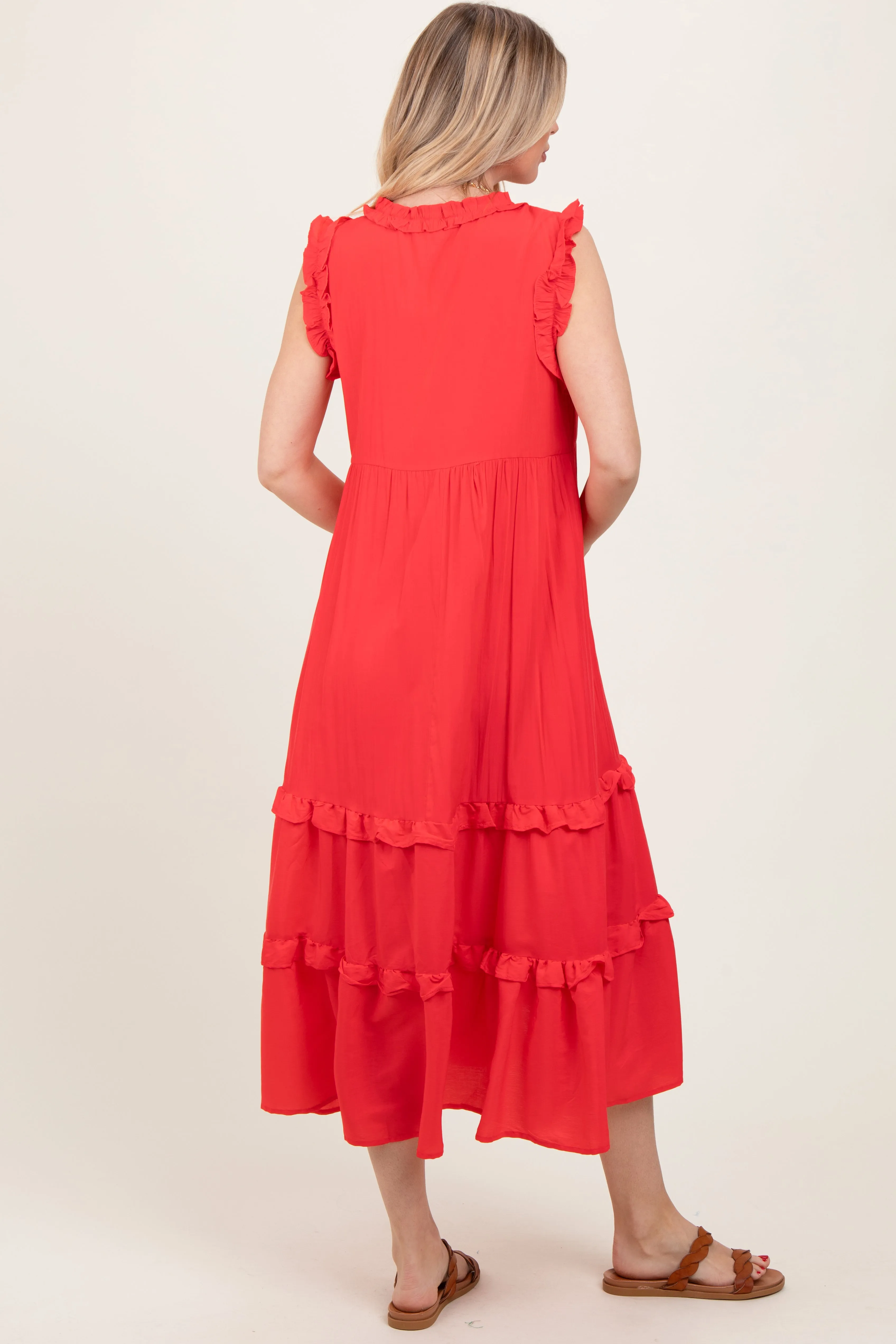 Red Ruffle Accent Tiered Front Tie Midi Dress sold by Pinkblush product image thumbnail 4