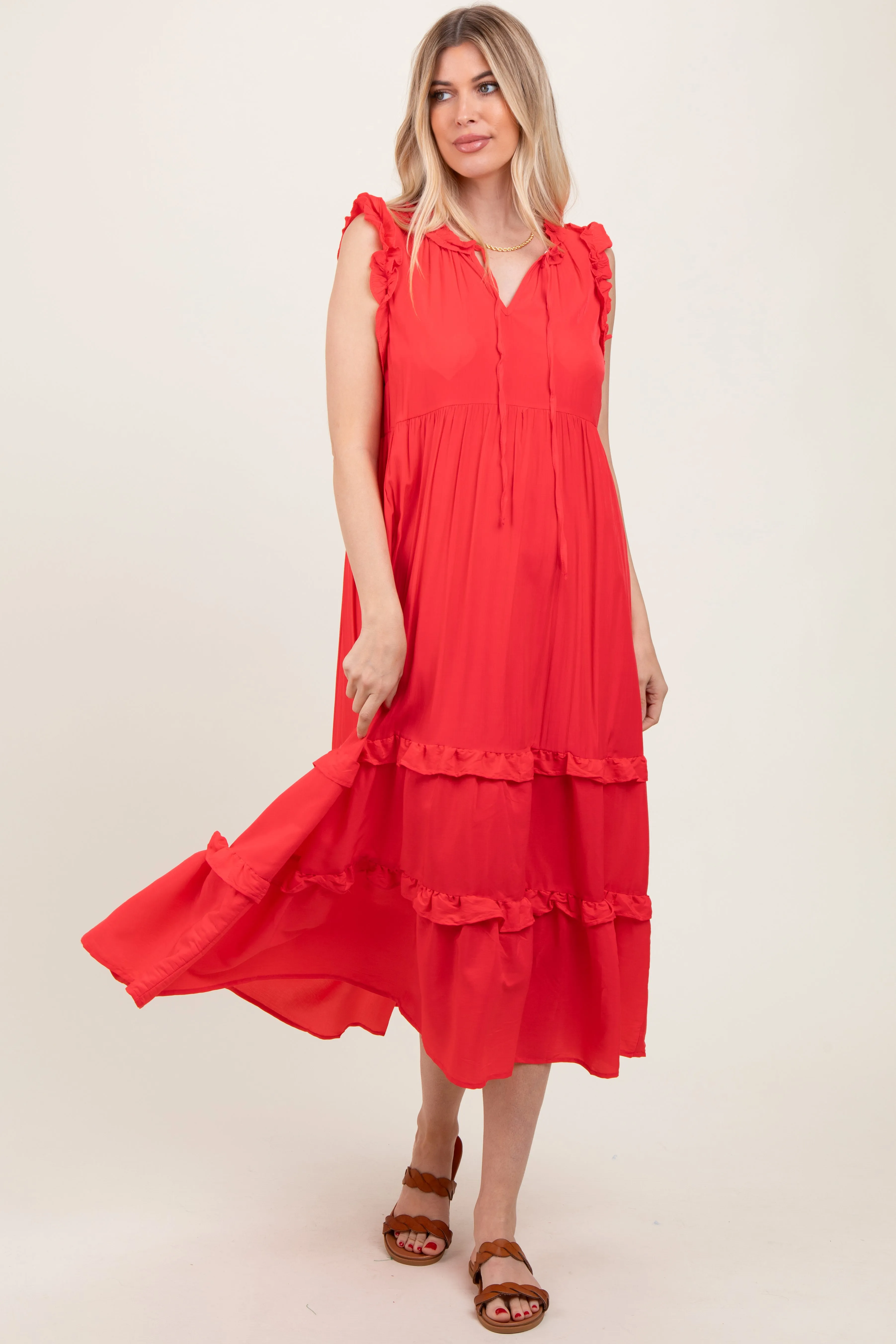 Red Ruffle Accent Tiered Front Tie Midi Dress sold by Pinkblush product image thumbnail 2